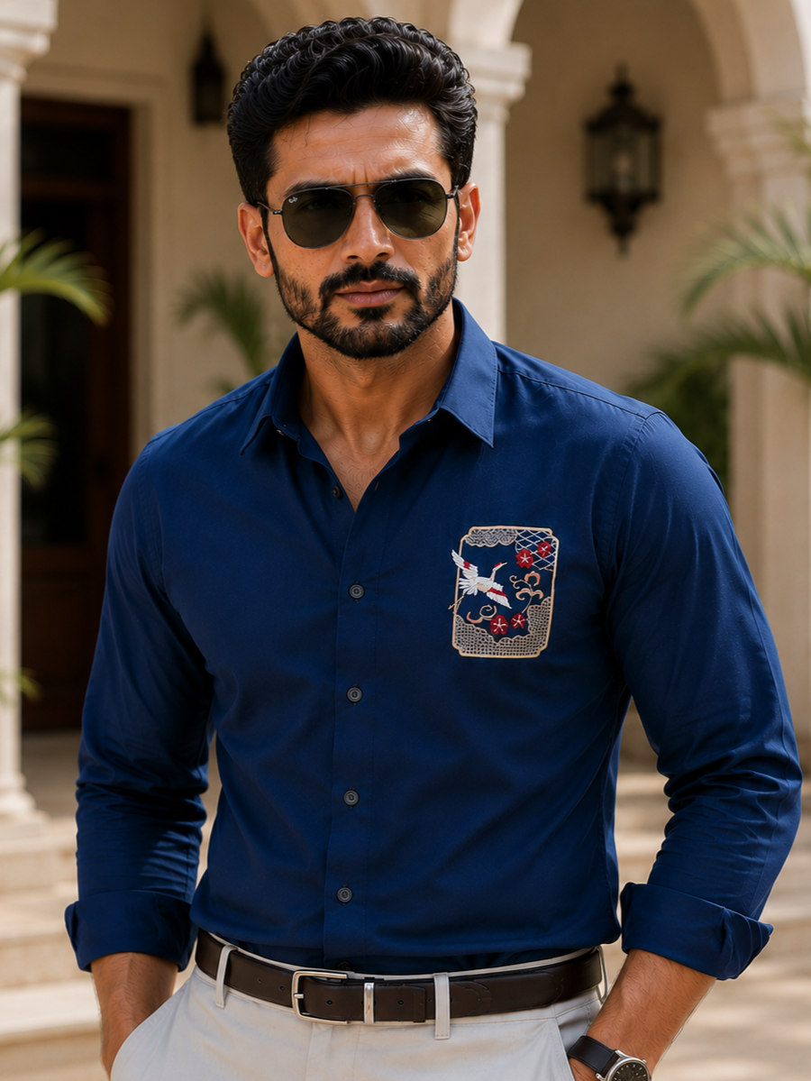 NAVY BLUE EMBROIDERED DESIGNER SATIN COTTON SHIRT MEN'S