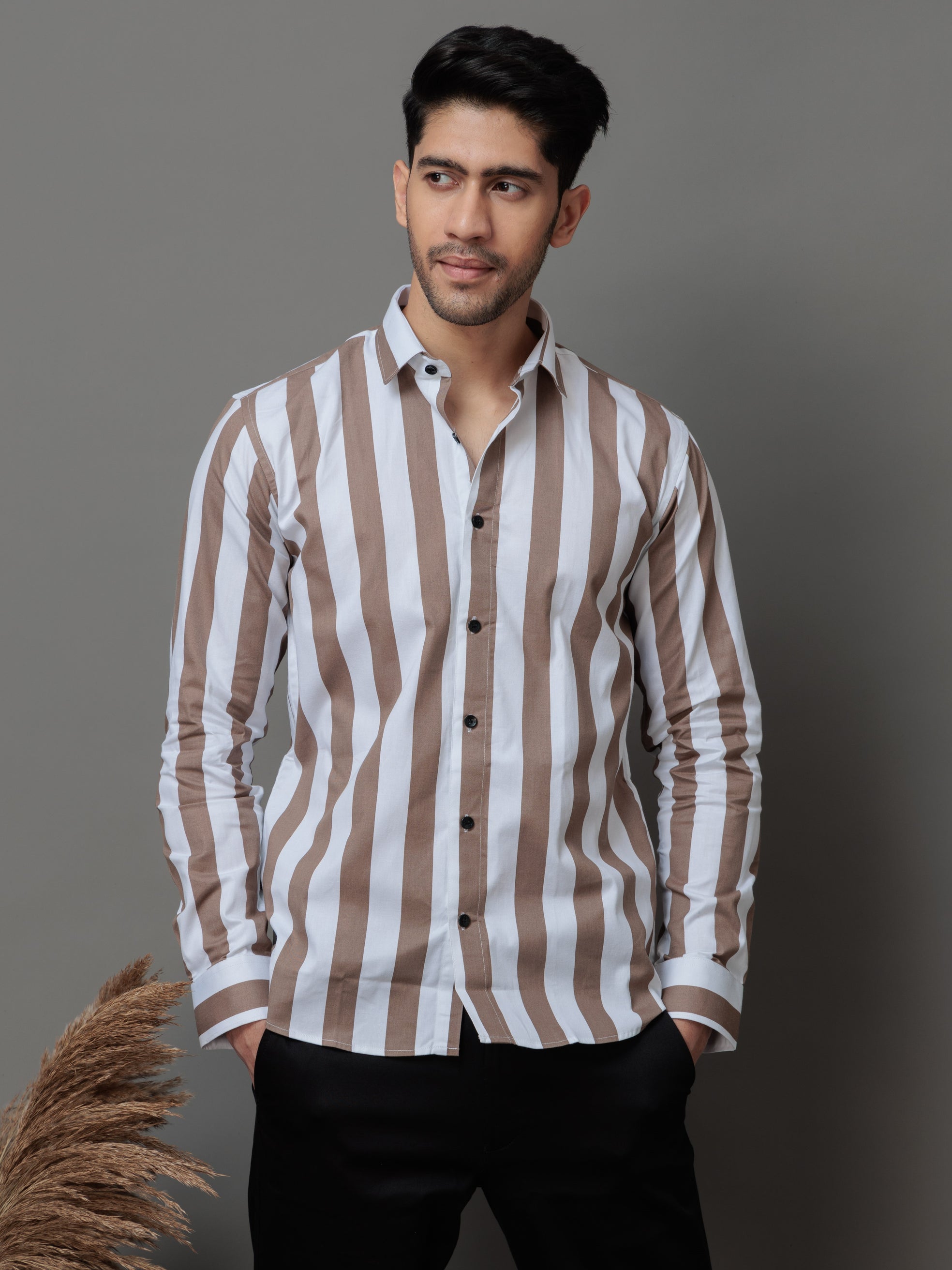 METALLIC BROWN STRIPED COTTON CASUAL SHIRT FOR MEN'S
