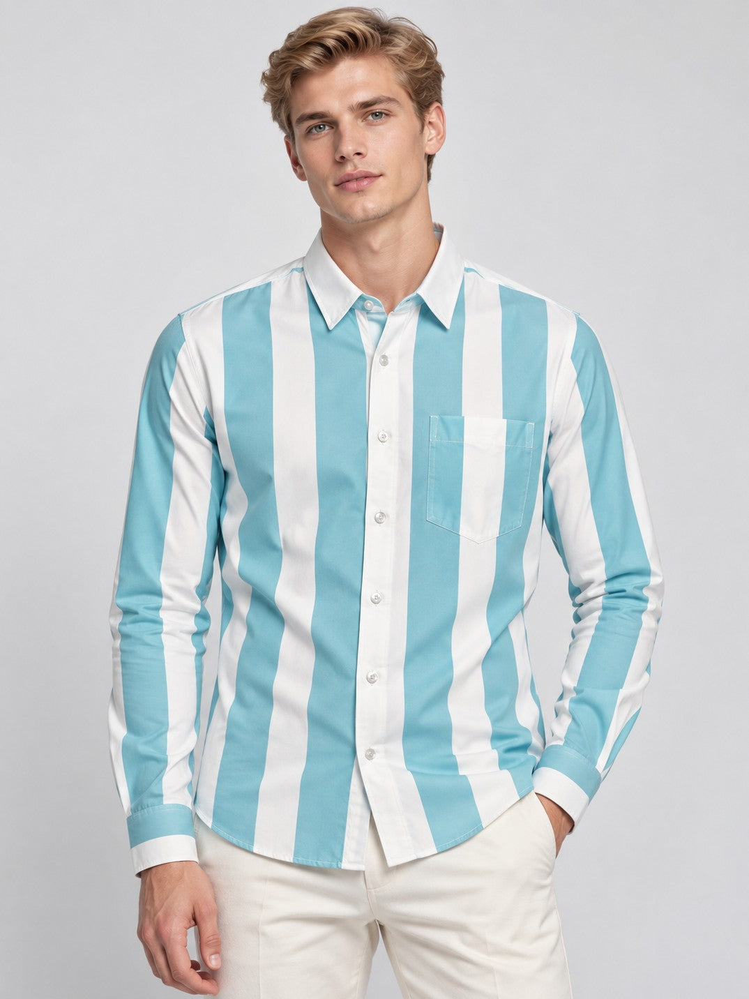 Men Cyan Striped Regular Fit Formal, Casual Wear Shirt