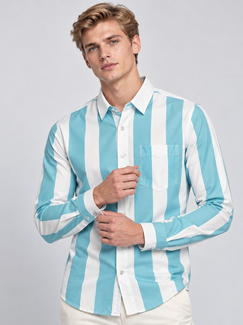 Men Cyan Striped Regular Fit Formal, Casual Wear Shirt