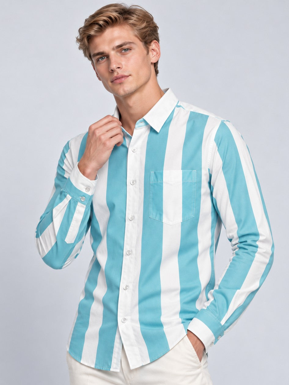 Men Cyan Striped Regular Fit Formal, Casual Wear Shirt