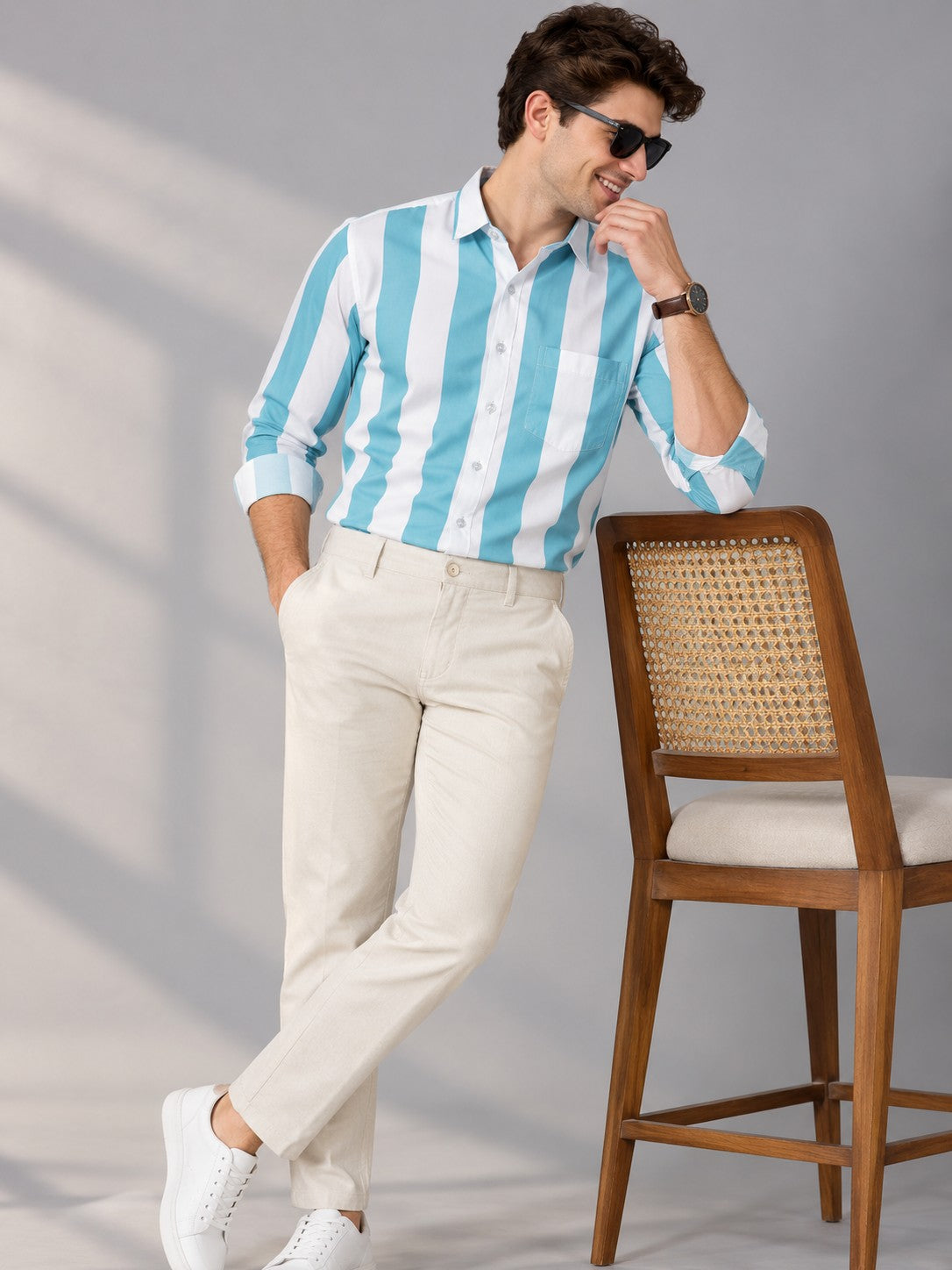 Men Cyan Striped Regular Fit Formal, Casual Wear Shirt