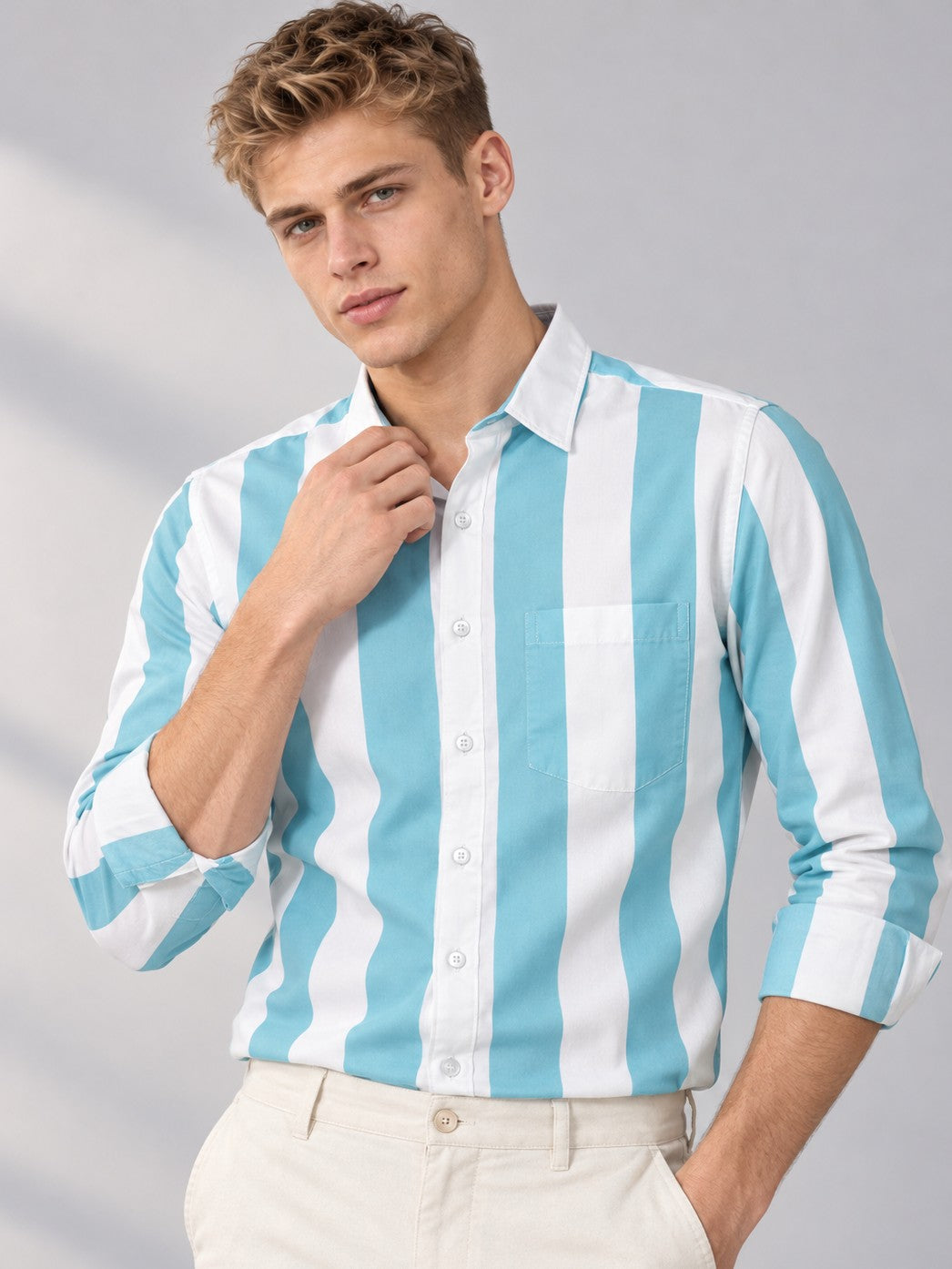 Men Cyan Striped Regular Fit Formal, Casual Wear Shirt