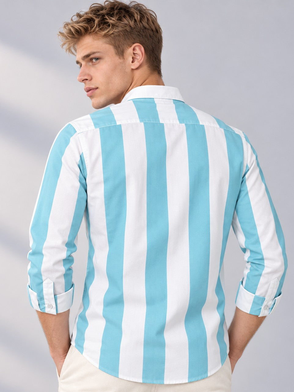 Men Cyan Striped Regular Fit Formal, Casual Wear Shirt