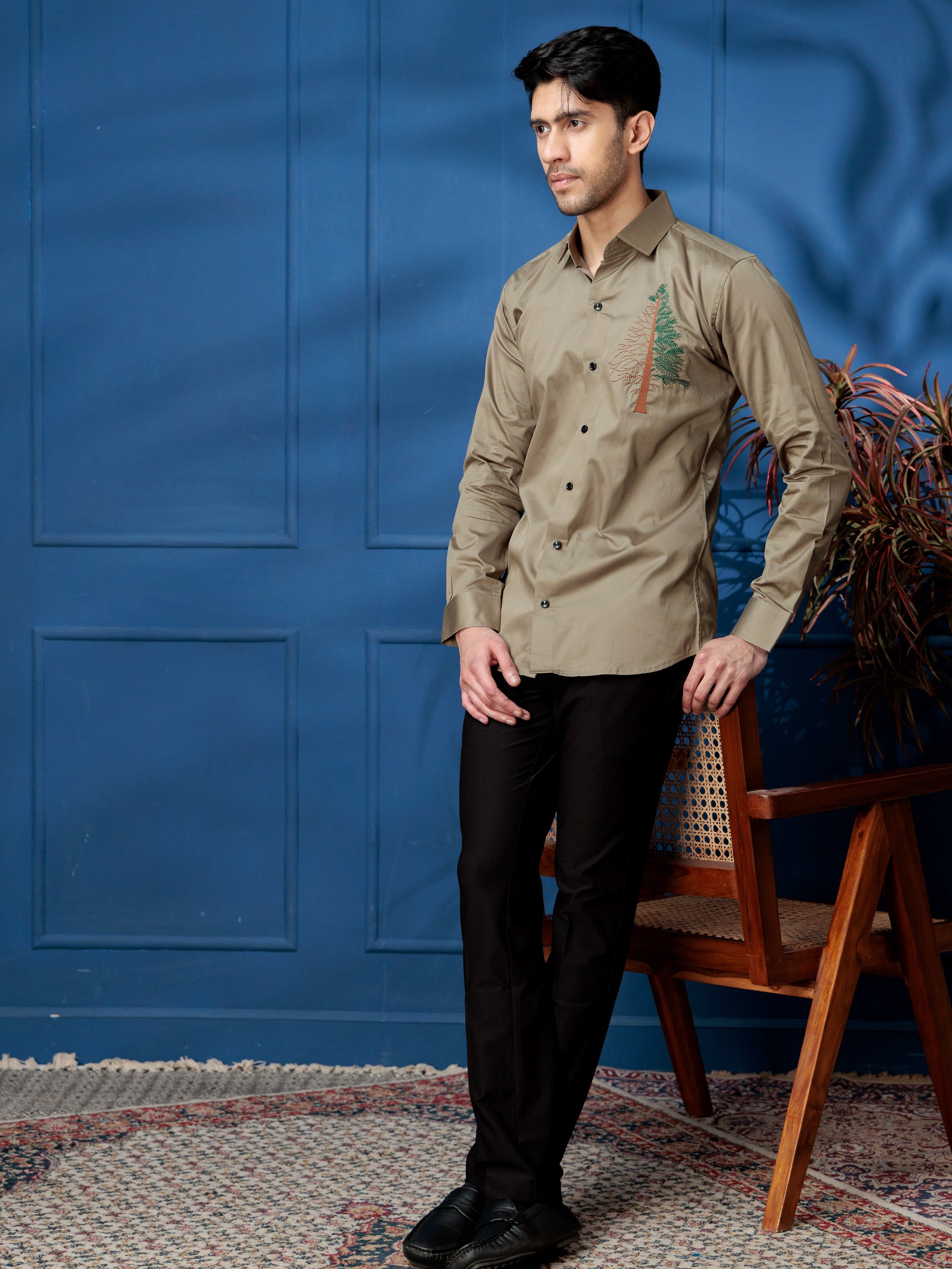 FOOMER TREE EMBROIDERED GREEN LUXURY COTTON SHIRT FOR MEN