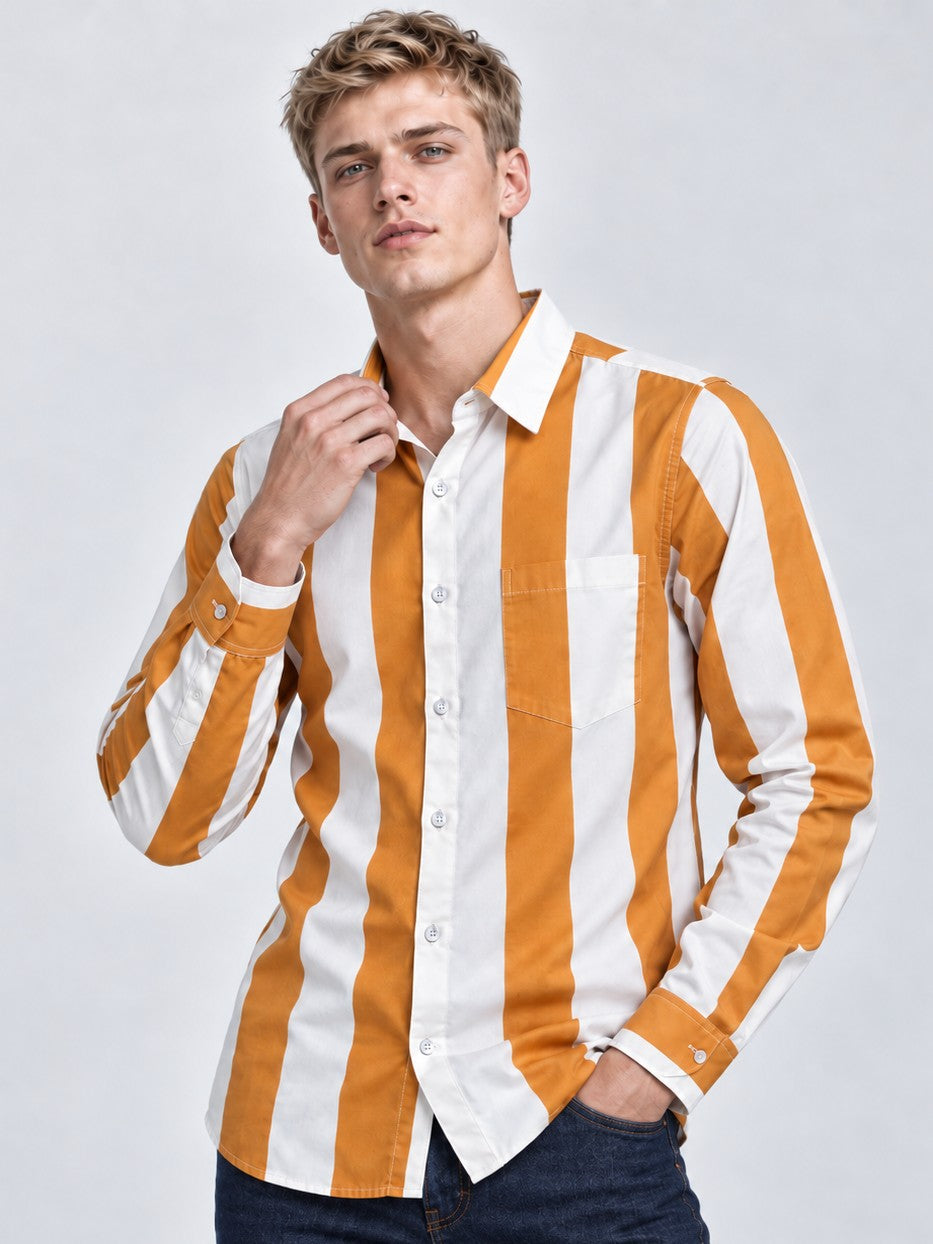 Men Orange Striped Regular Fit Formal, Casual Wear Shirt