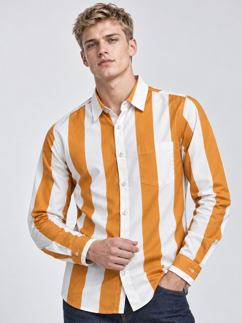 Men Orange Striped Regular Fit Formal, Casual Wear Shirt