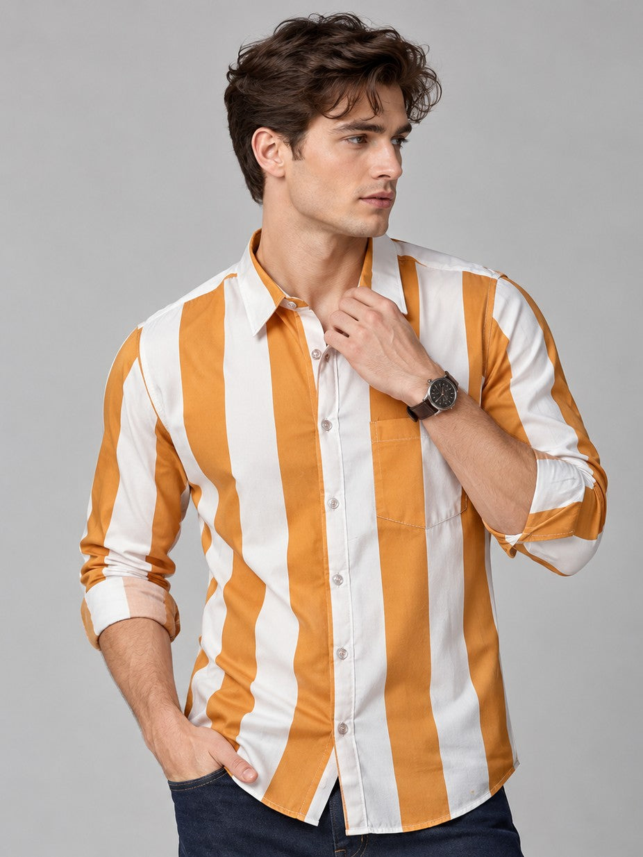 Men Orange Striped Regular Fit Formal, Casual Wear Shirt