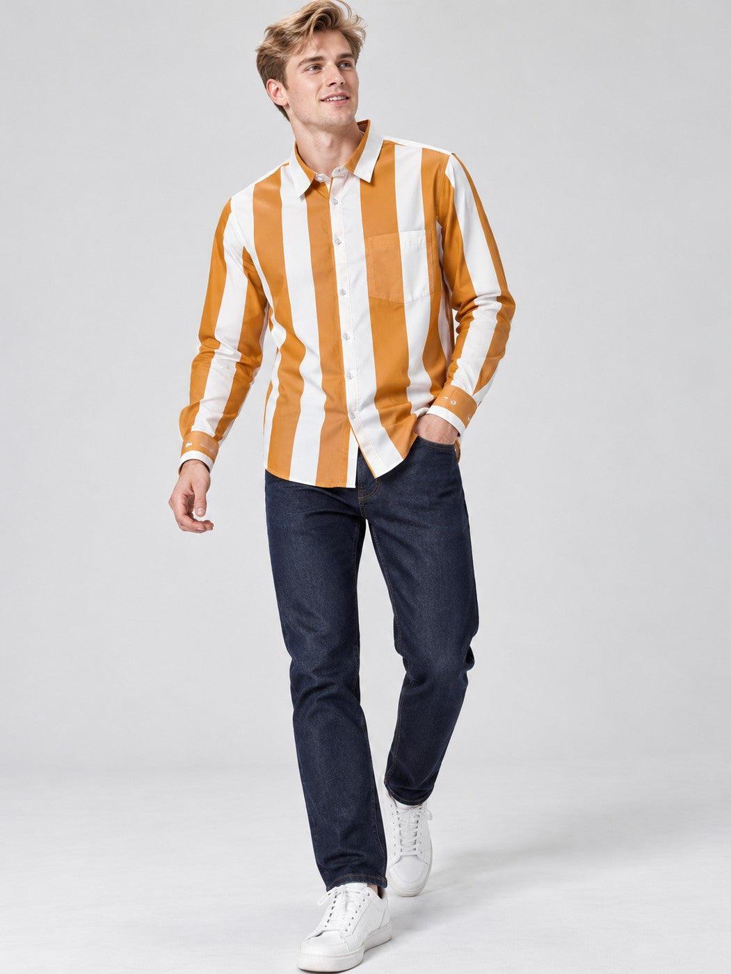 Men Orange Striped Regular Fit Formal, Casual Wear Shirt