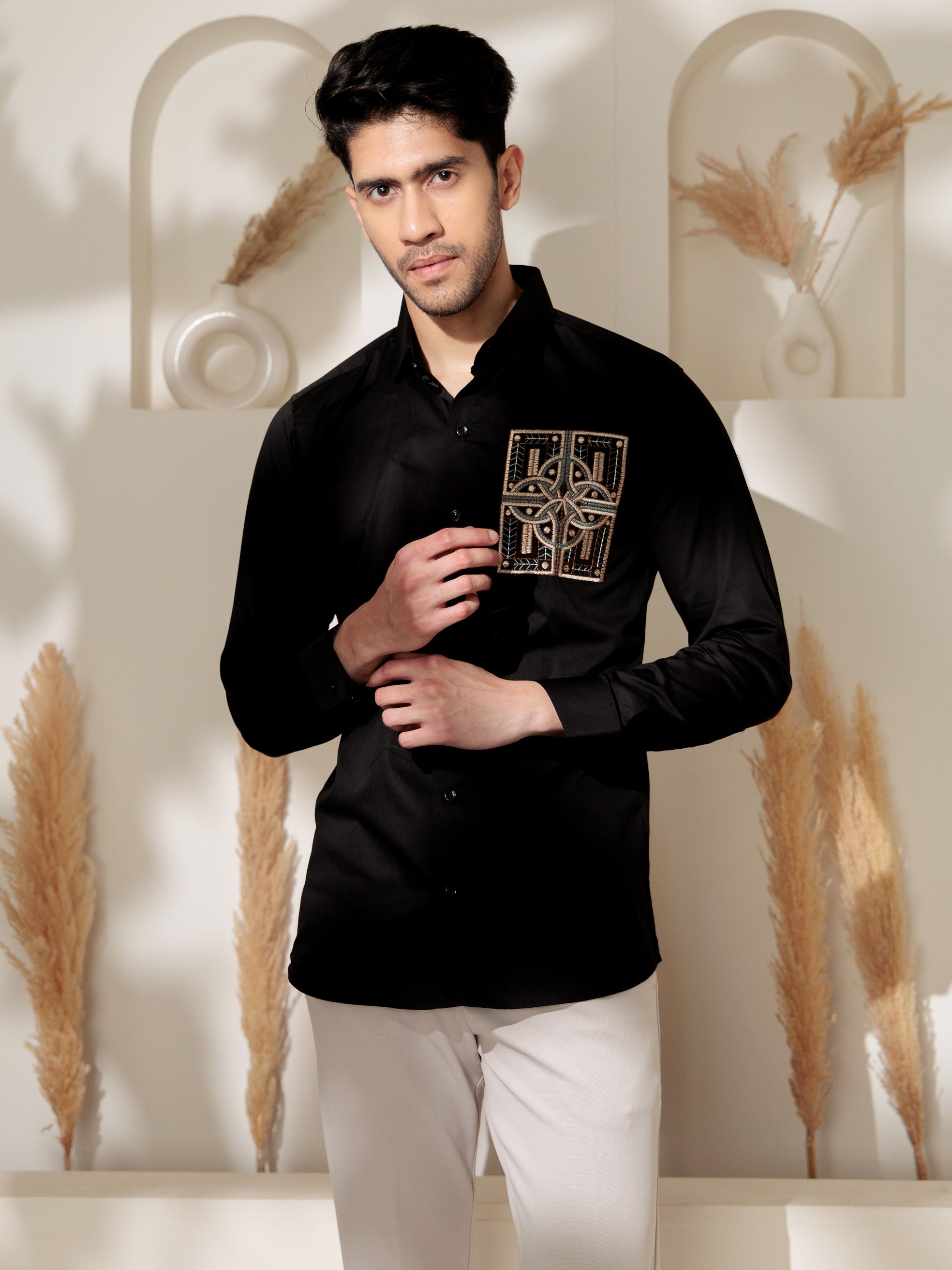 FOOMER BLACK GOLDEN EMBROIDERED CLUB WEAR SATIN COTTON SHIRT FOR MEN