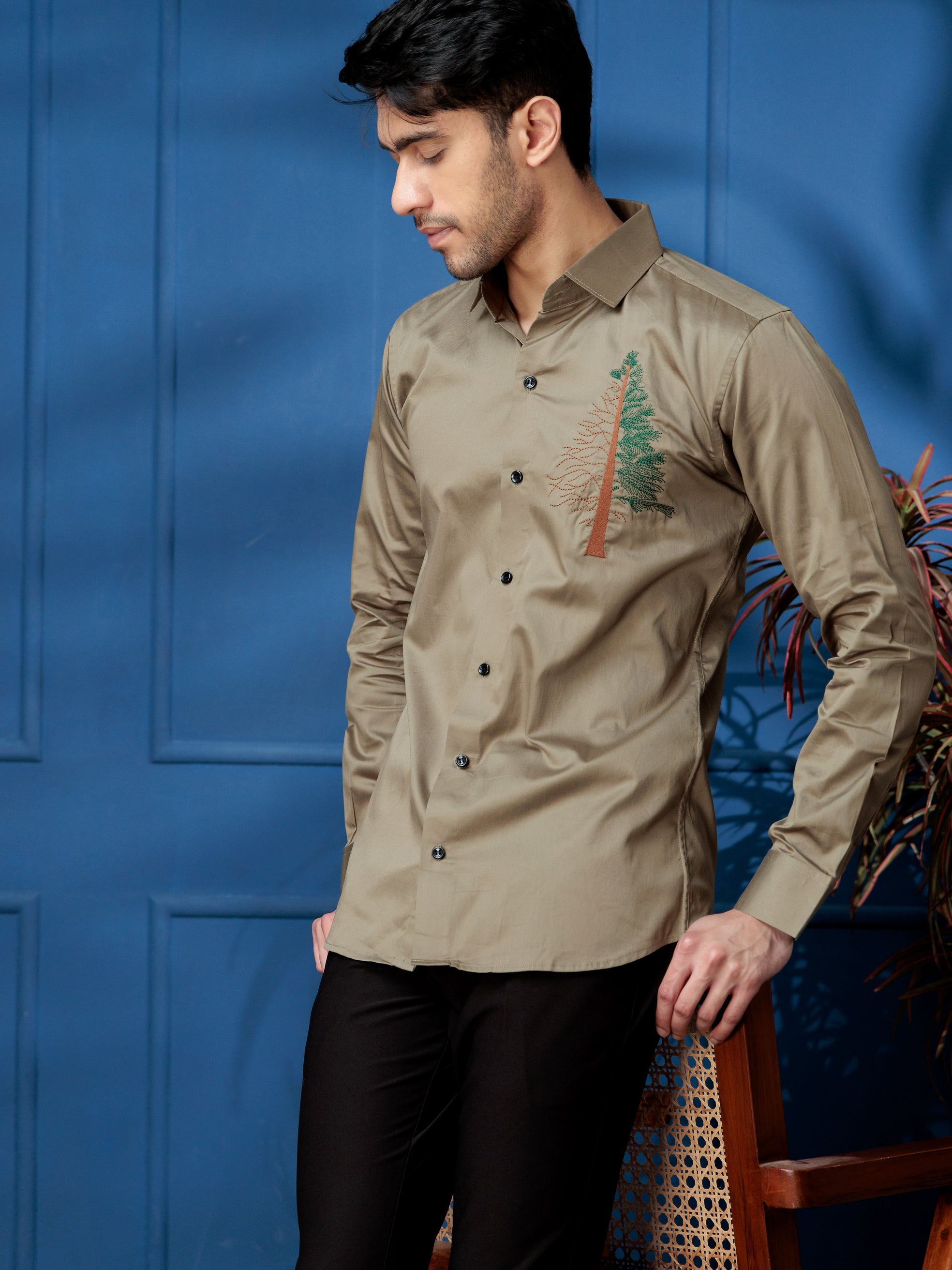FOOMER TREE EMBROIDERED GREEN LUXURY COTTON SHIRT FOR MEN