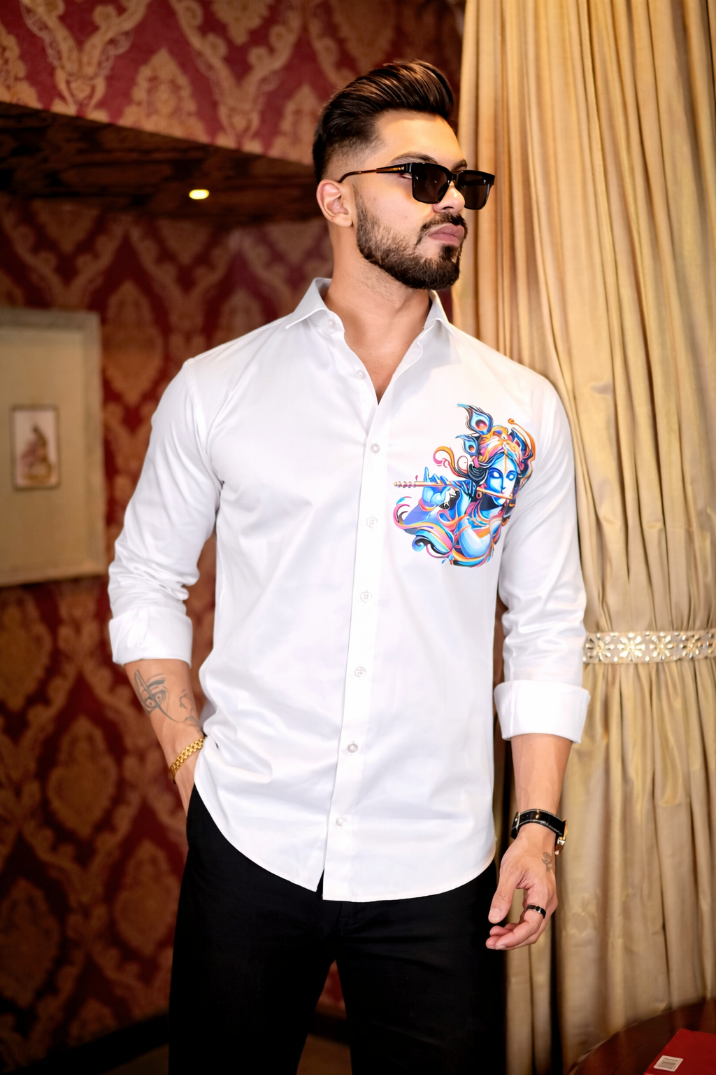 White Lord Krishna Club Wear Printed Satin Cotton Men's Shirt