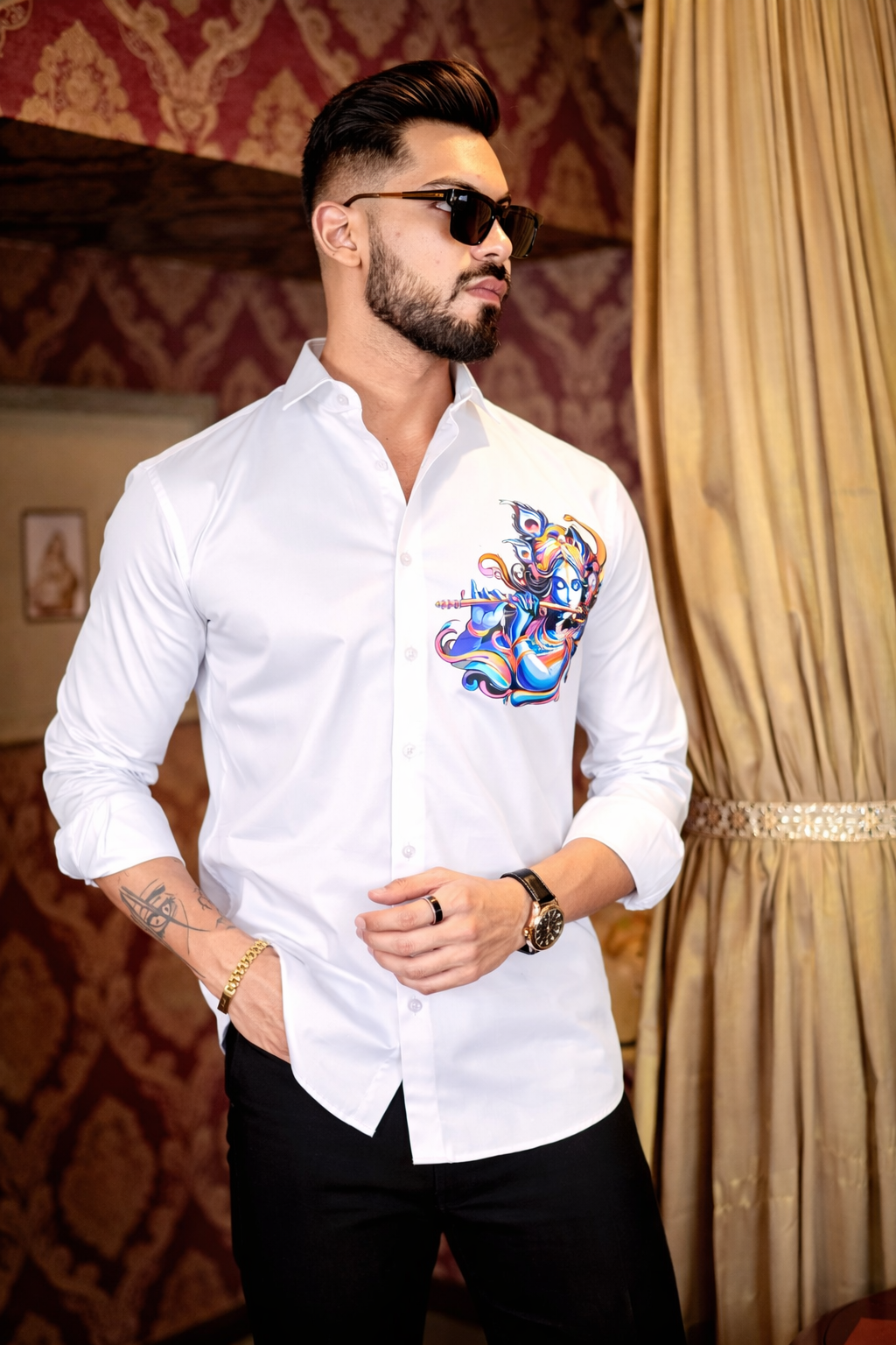 White Lord Krishna Club Wear Printed Satin Cotton Men's Shirt