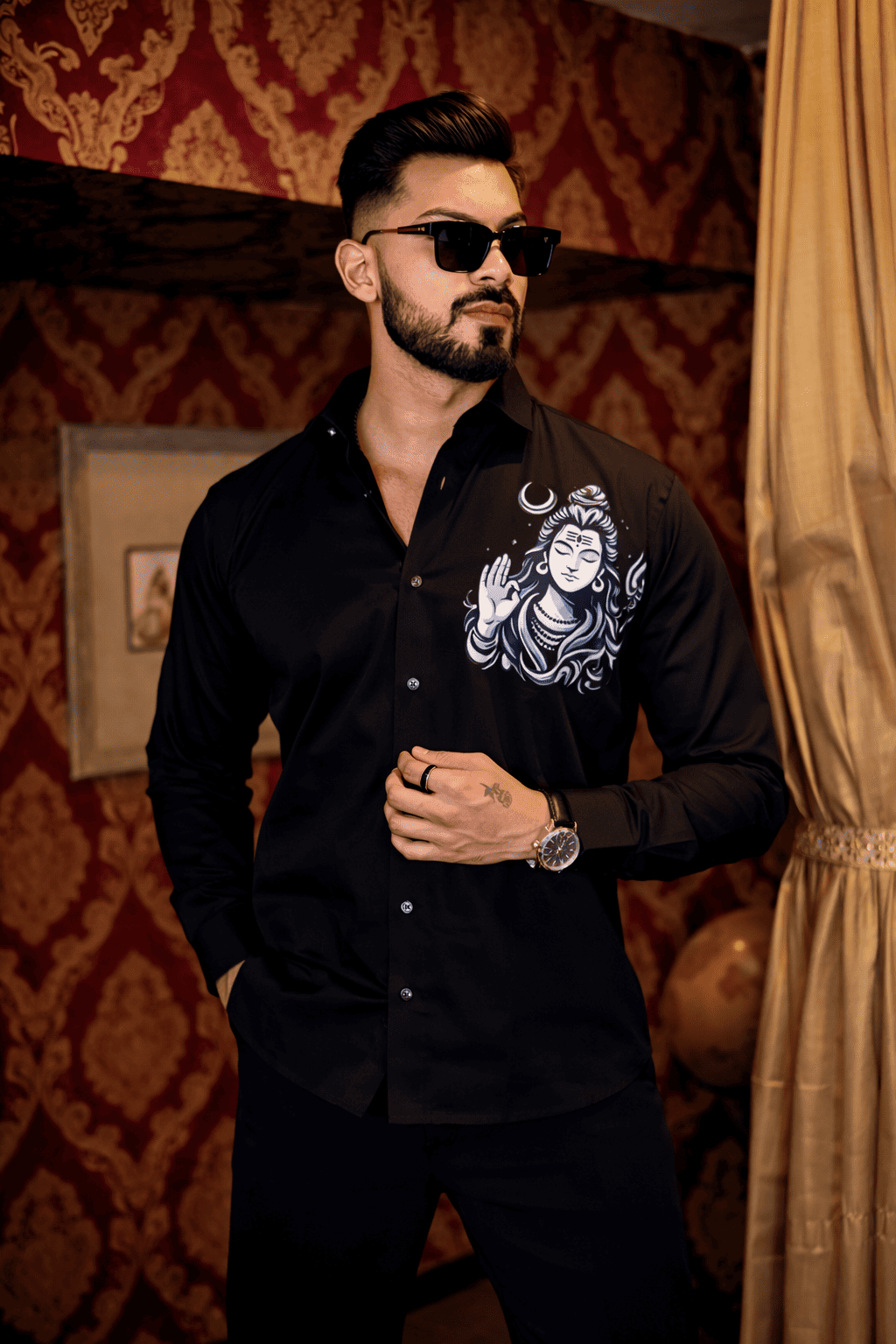 Black Lord Shiva Club Wear Printed Satin Cotton Shirt