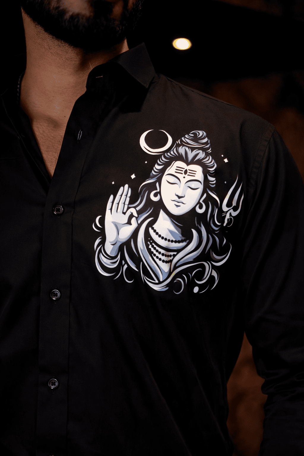Black Lord Shiva Club Wear Printed Satin Cotton Shirt