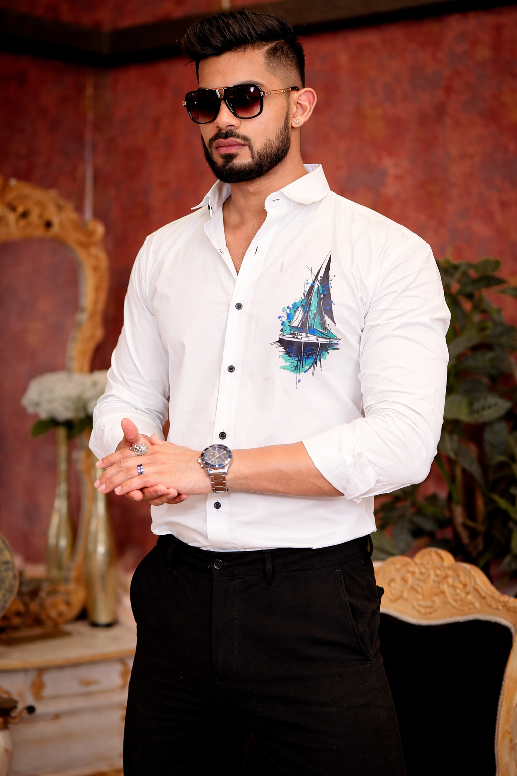 White Club Wear Printed Satin Cotton Shirt