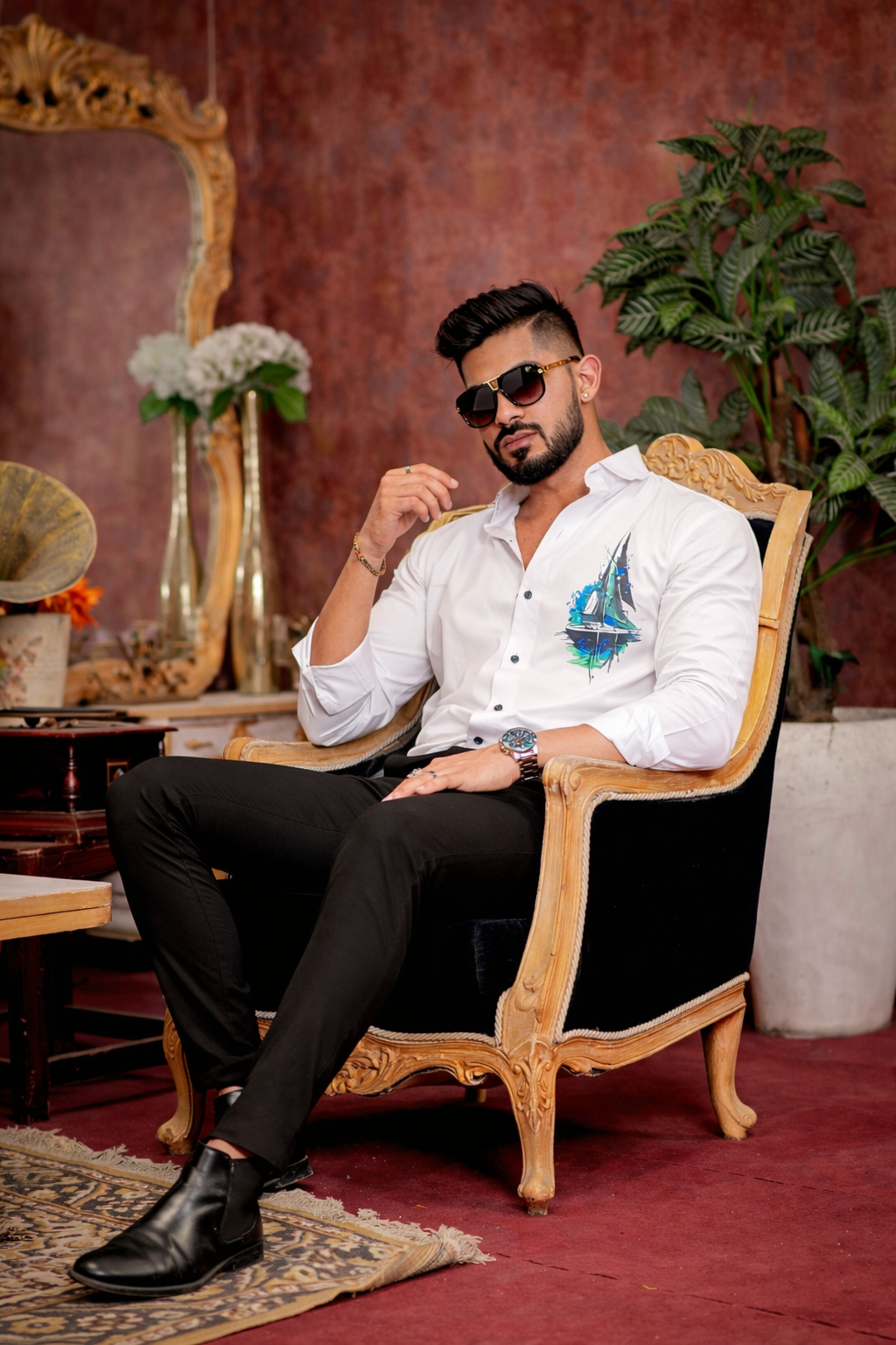 White Club Wear Printed Satin Cotton Shirt