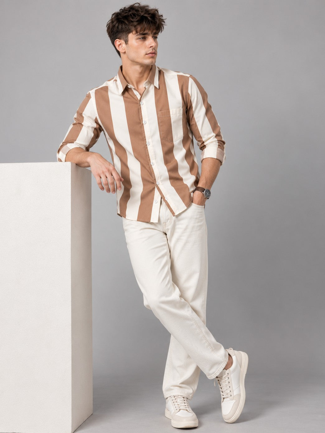 Men Brown Striped Regular Fit Formal, Casual Wear Shirt