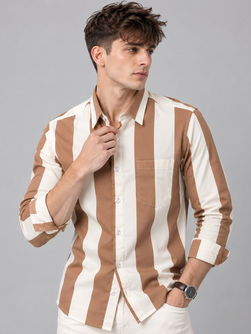Men Brown Striped Regular Fit Formal, Casual Wear Shirt