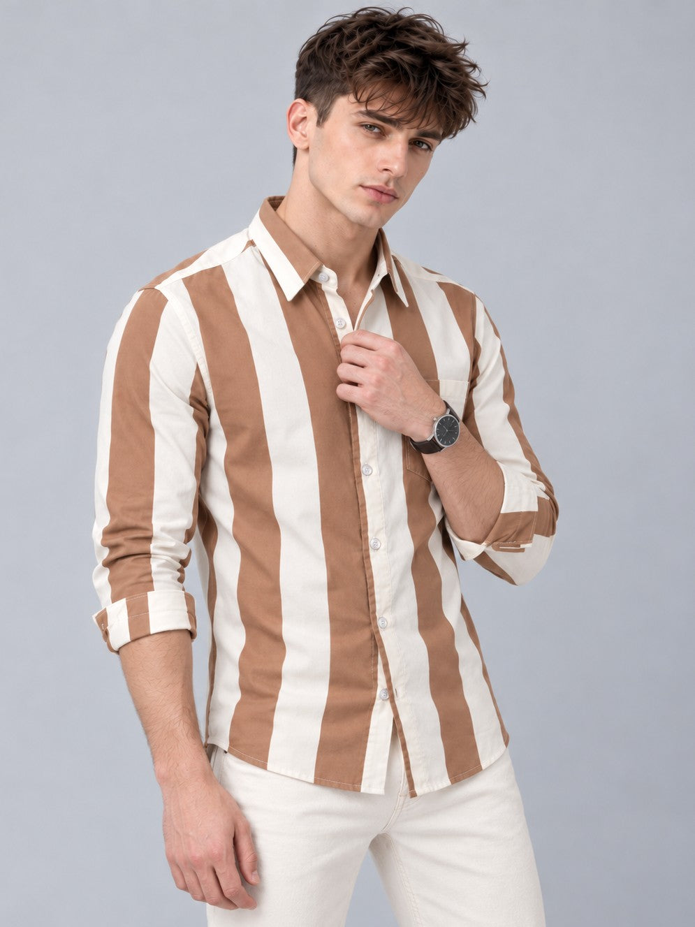 Men Brown Striped Regular Fit Formal, Casual Wear Shirt