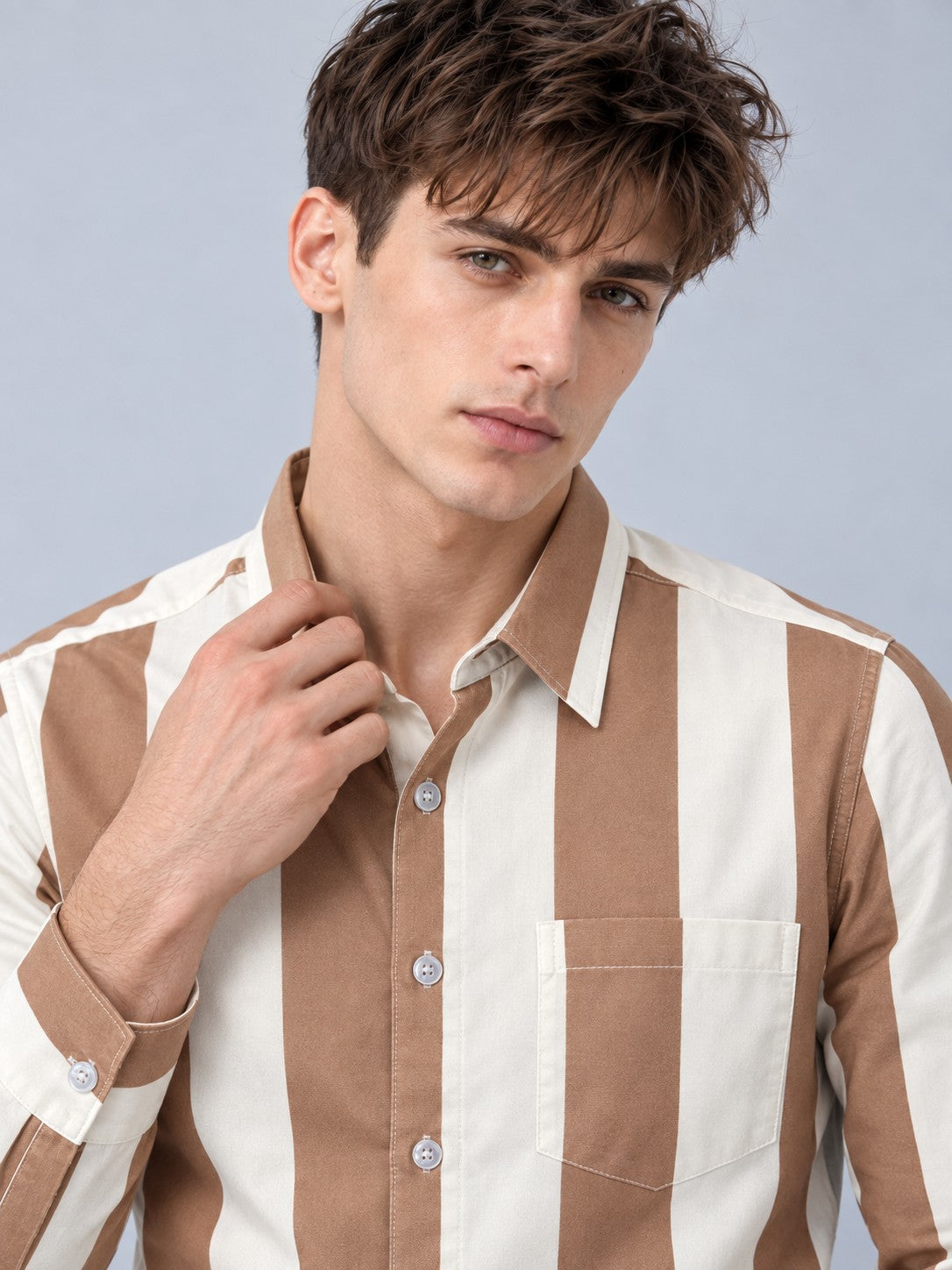 Men Brown Striped Regular Fit Formal, Casual Wear Shirt