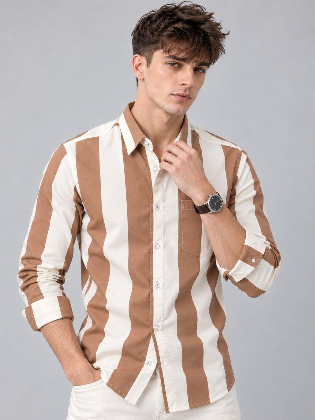 Men Brown Striped Regular Fit Formal, Casual Wear Shirt