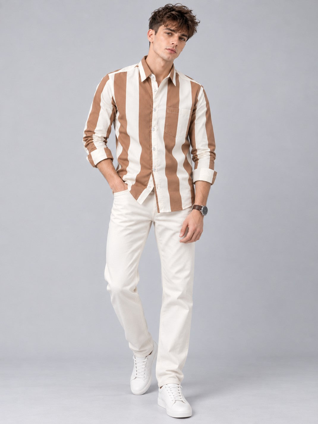 Men Brown Striped Regular Fit Formal, Casual Wear Shirt