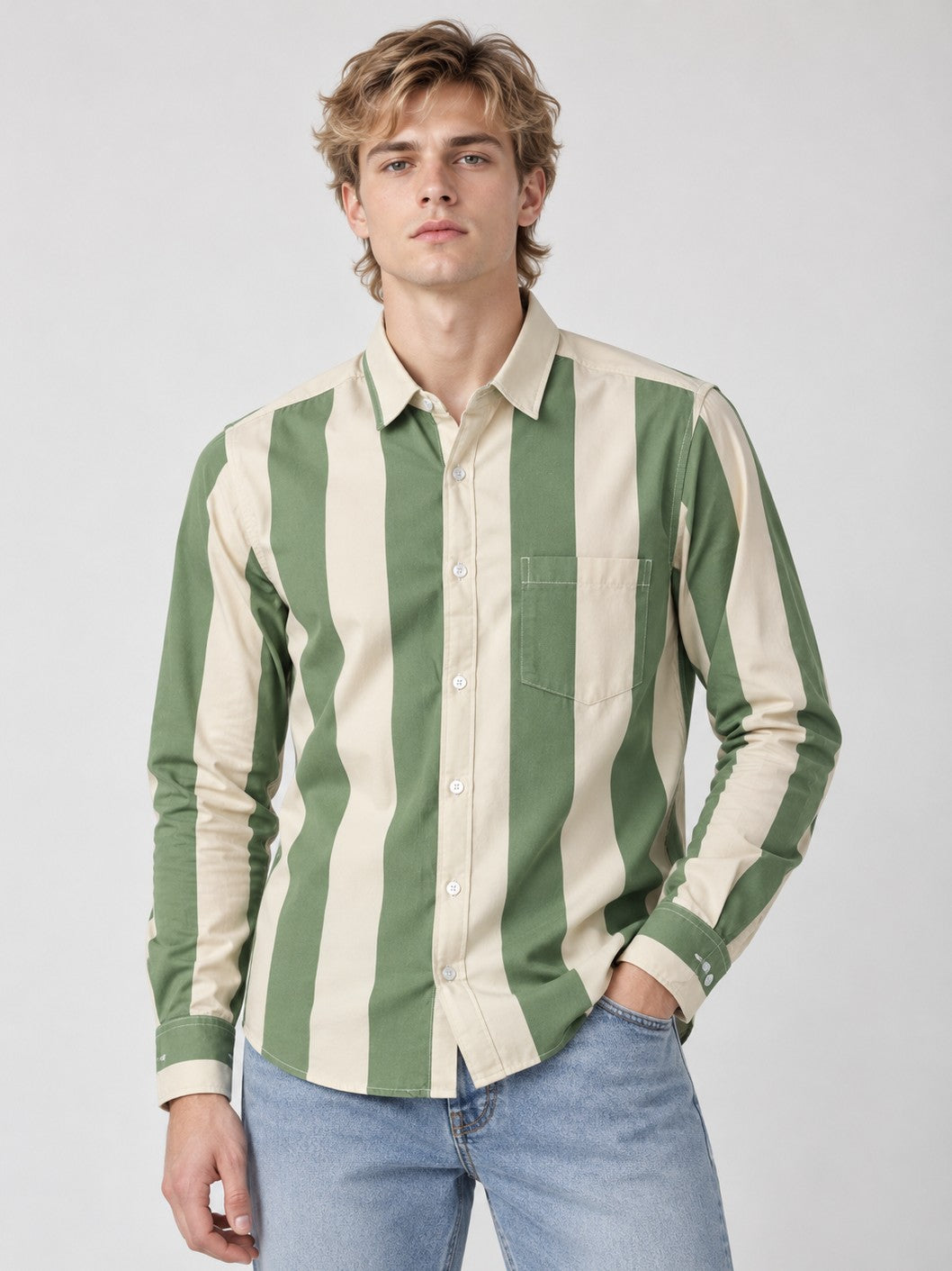 Men Green Striped Regular Fit Formal, Casual Wear Shirt