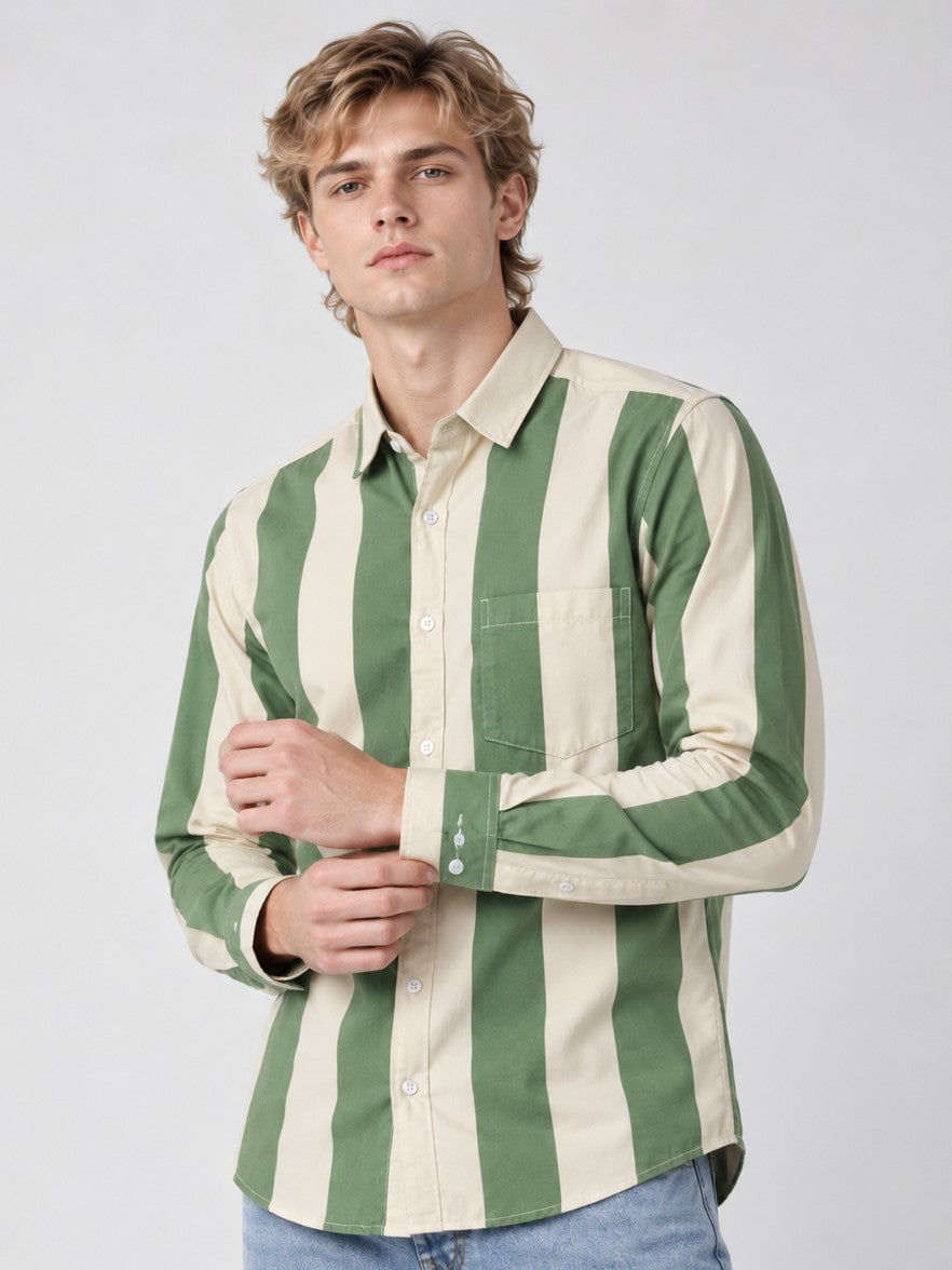 Men Green Striped Regular Fit Formal, Casual Wear Shirt