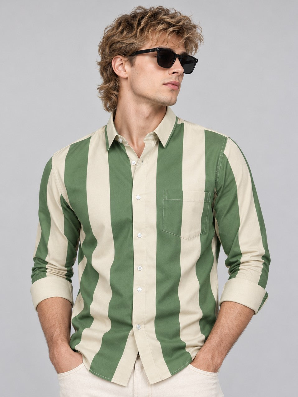 Men Green Striped Regular Fit Formal, Casual Wear Shirt