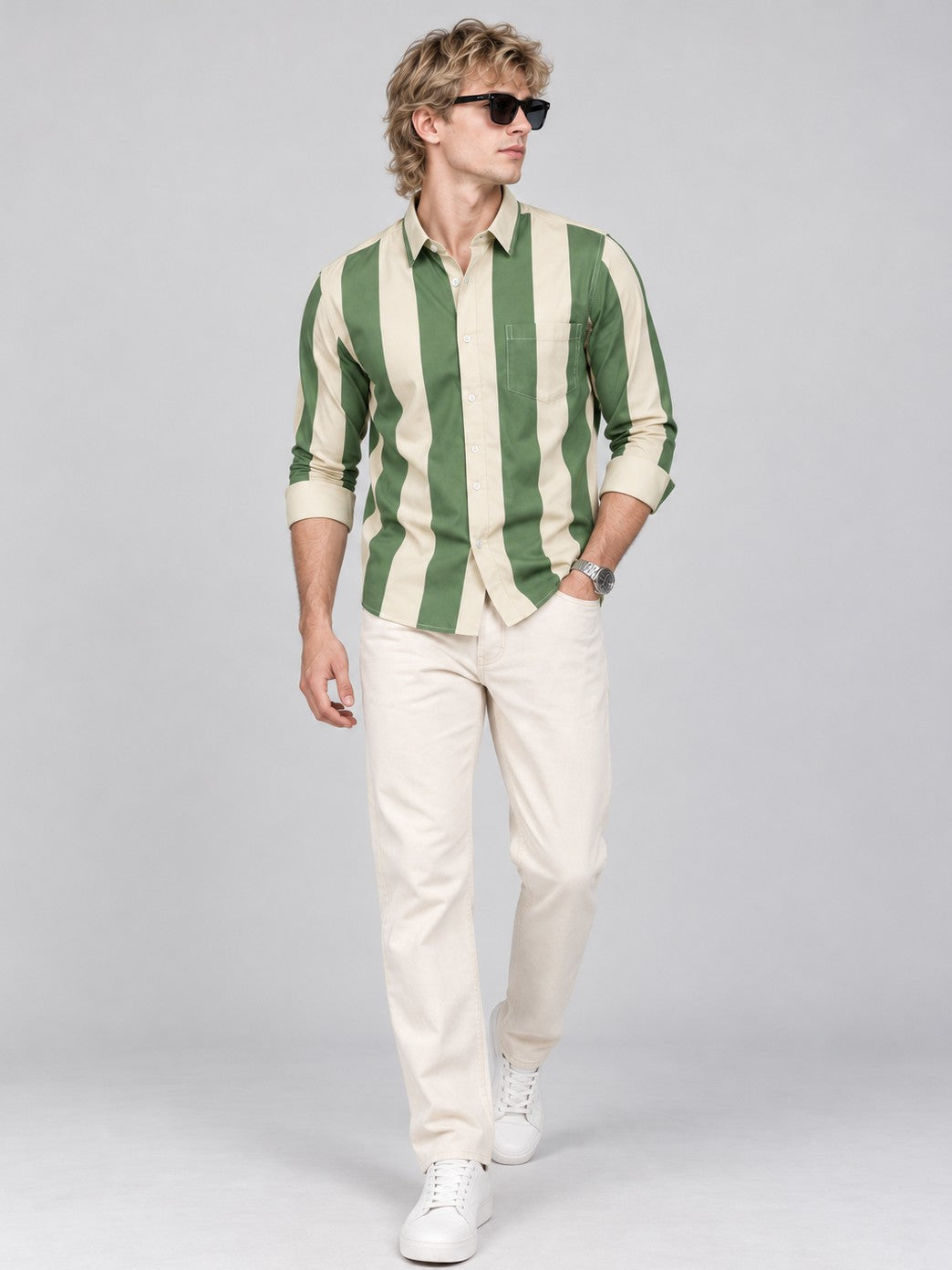 Men Green Striped Regular Fit Formal, Casual Wear Shirt