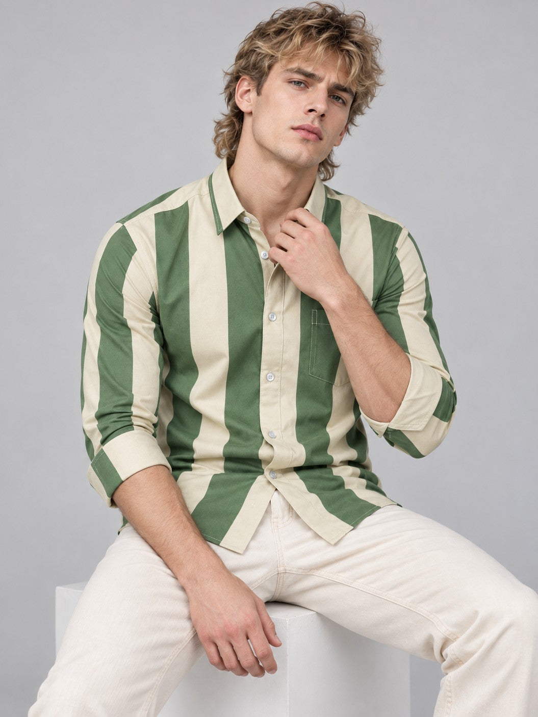 Men Green Striped Regular Fit Formal, Casual Wear Shirt