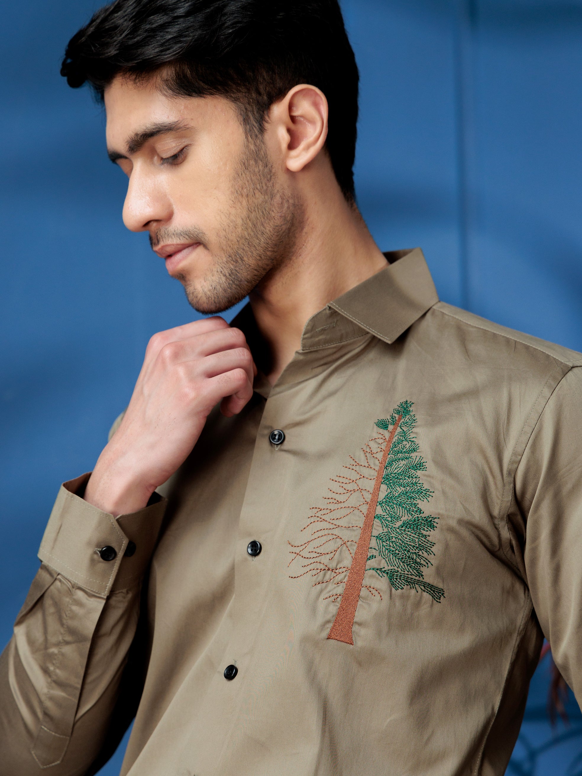 FOOMER TREE EMBROIDERED GREEN LUXURY COTTON SHIRT FOR MEN