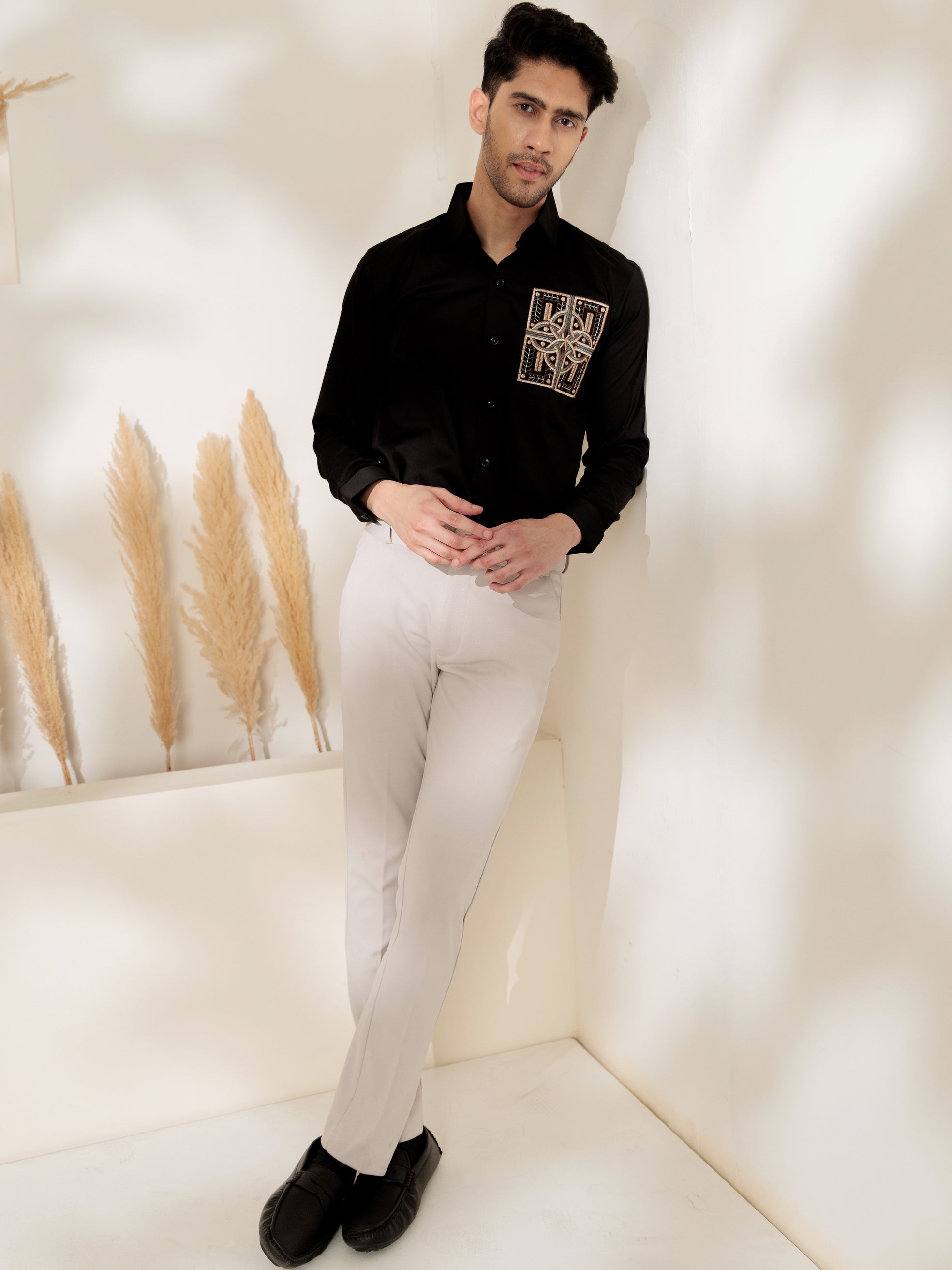 FOOMER BLACK GOLDEN EMBROIDERED CLUB WEAR SATIN COTTON SHIRT FOR MEN