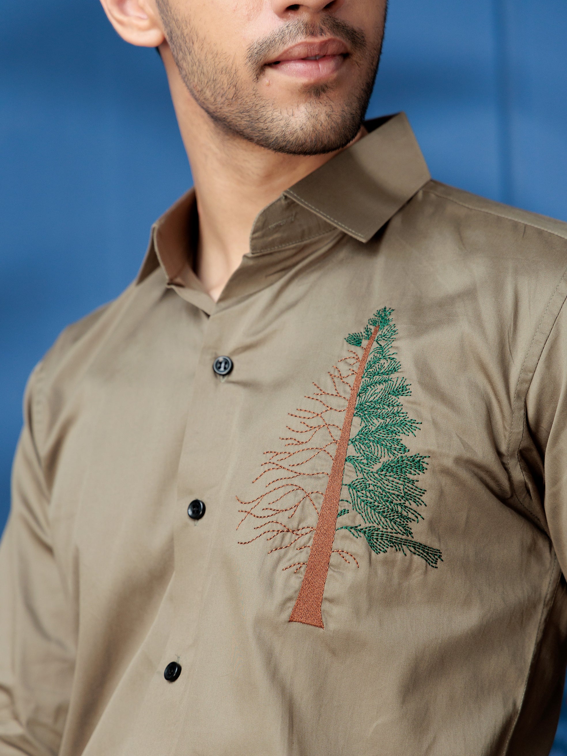 FOOMER TREE EMBROIDERED GREEN LUXURY COTTON SHIRT FOR MEN