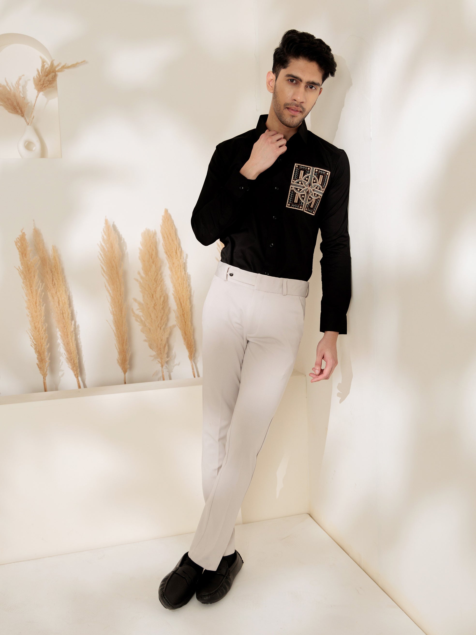 FOOMER BLACK GOLDEN EMBROIDERED CLUB WEAR SATIN COTTON SHIRT FOR MEN