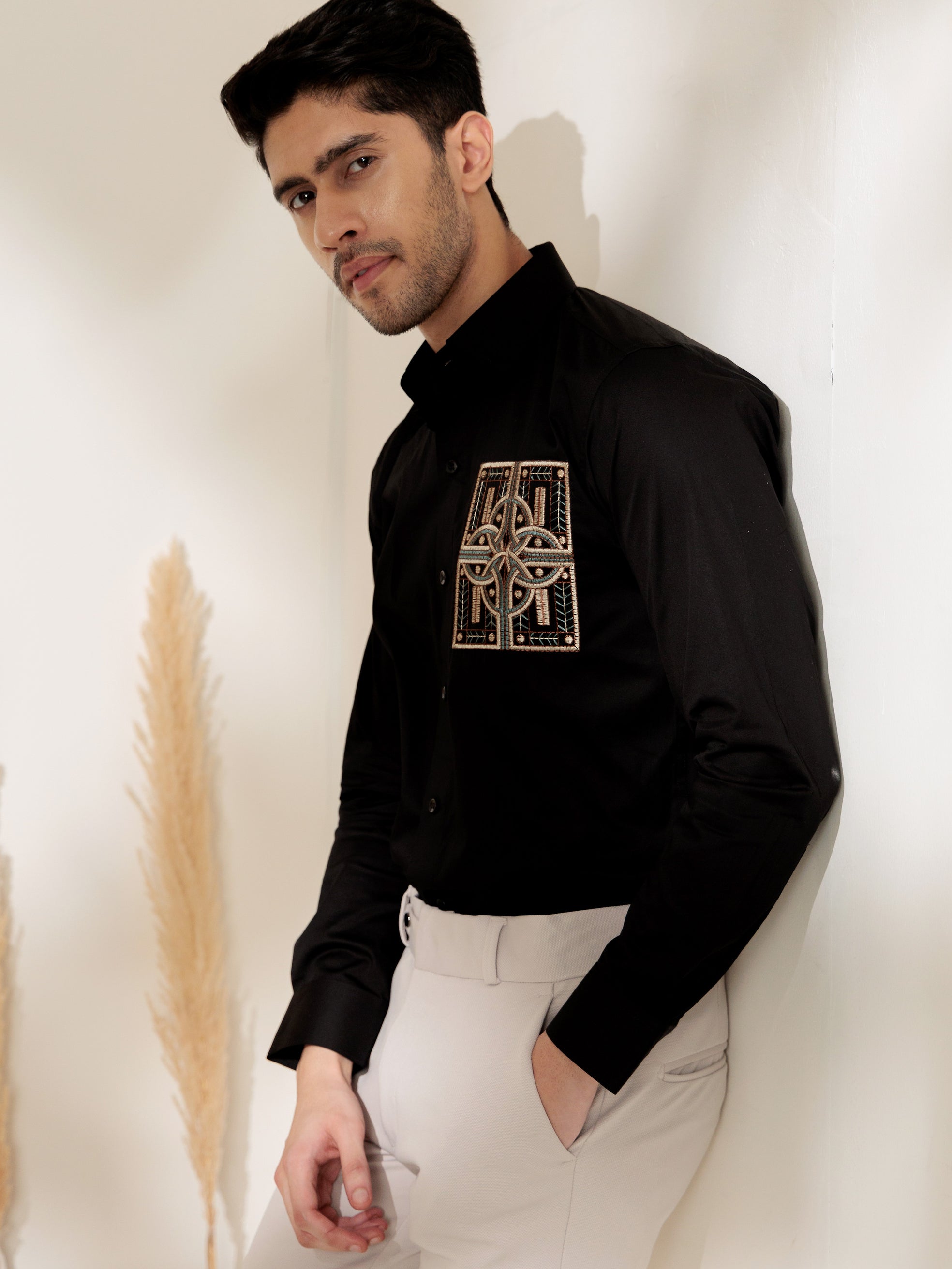 FOOMER BLACK GOLDEN EMBROIDERED CLUB WEAR SATIN COTTON SHIRT FOR MEN