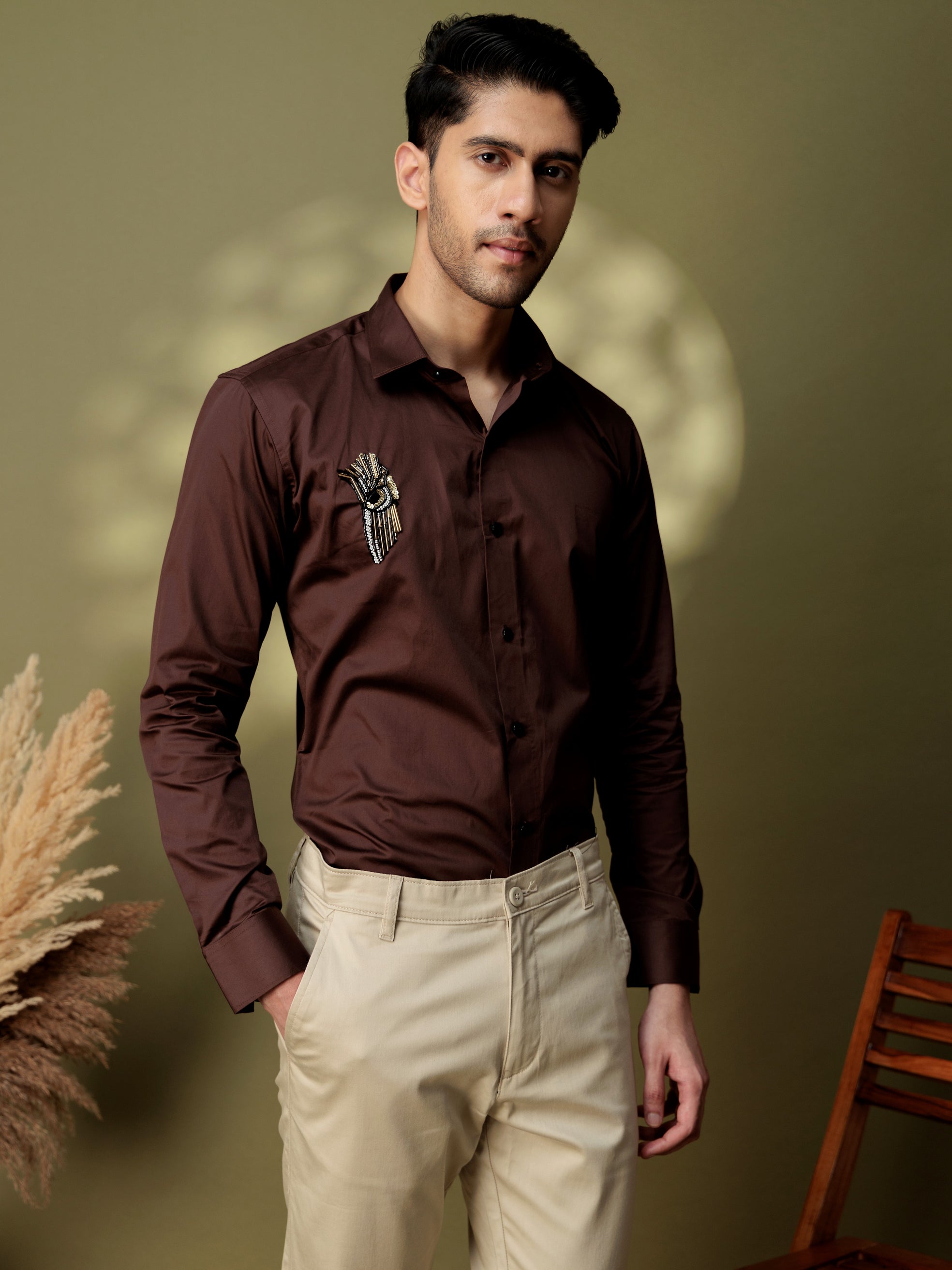 FOOMER HD BROWN RHINESTONE HAND WORK SATIN COTTON SHIRT