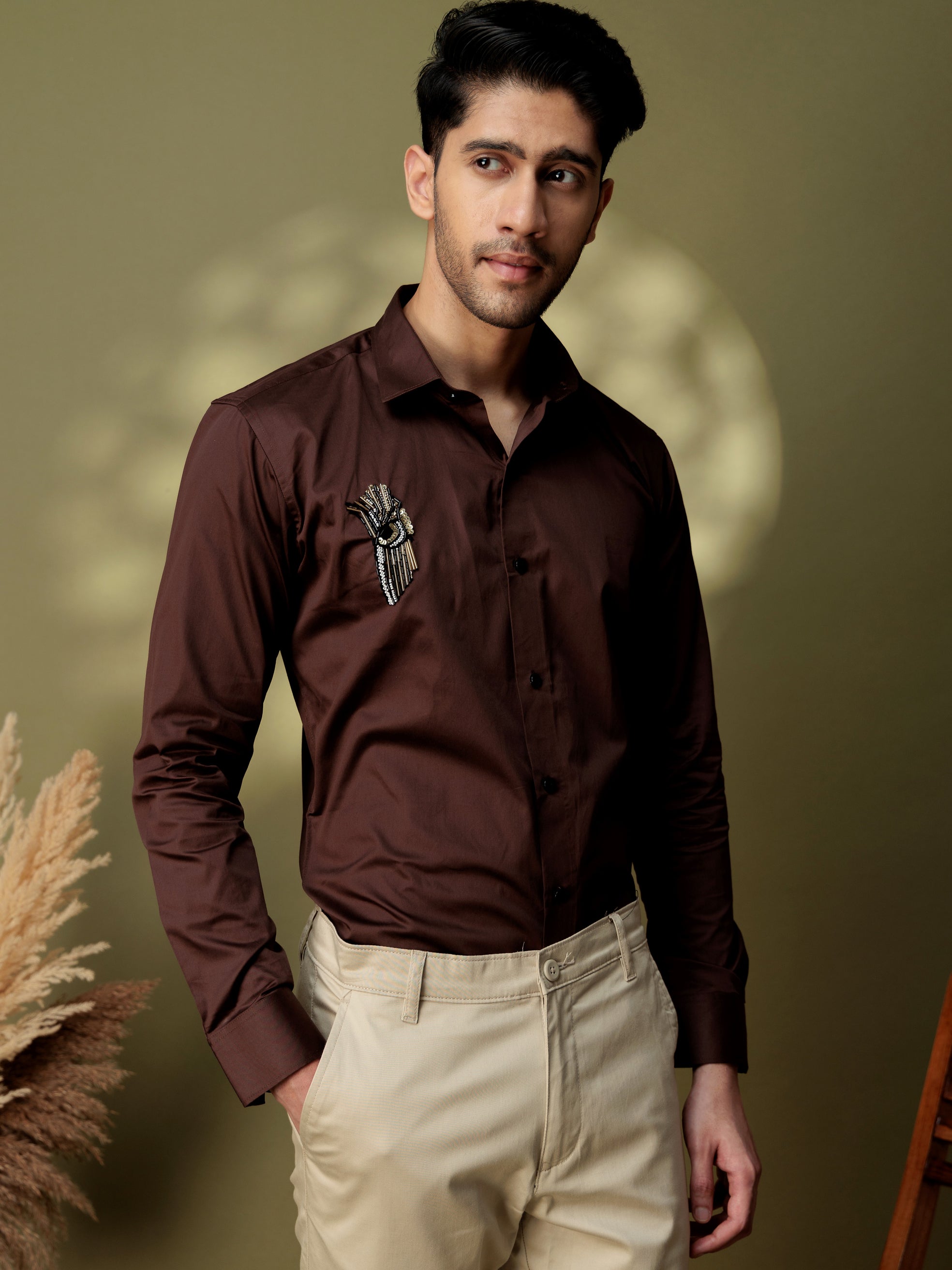 FOOMER HD BROWN RHINESTONE HAND WORK SATIN COTTON SHIRT