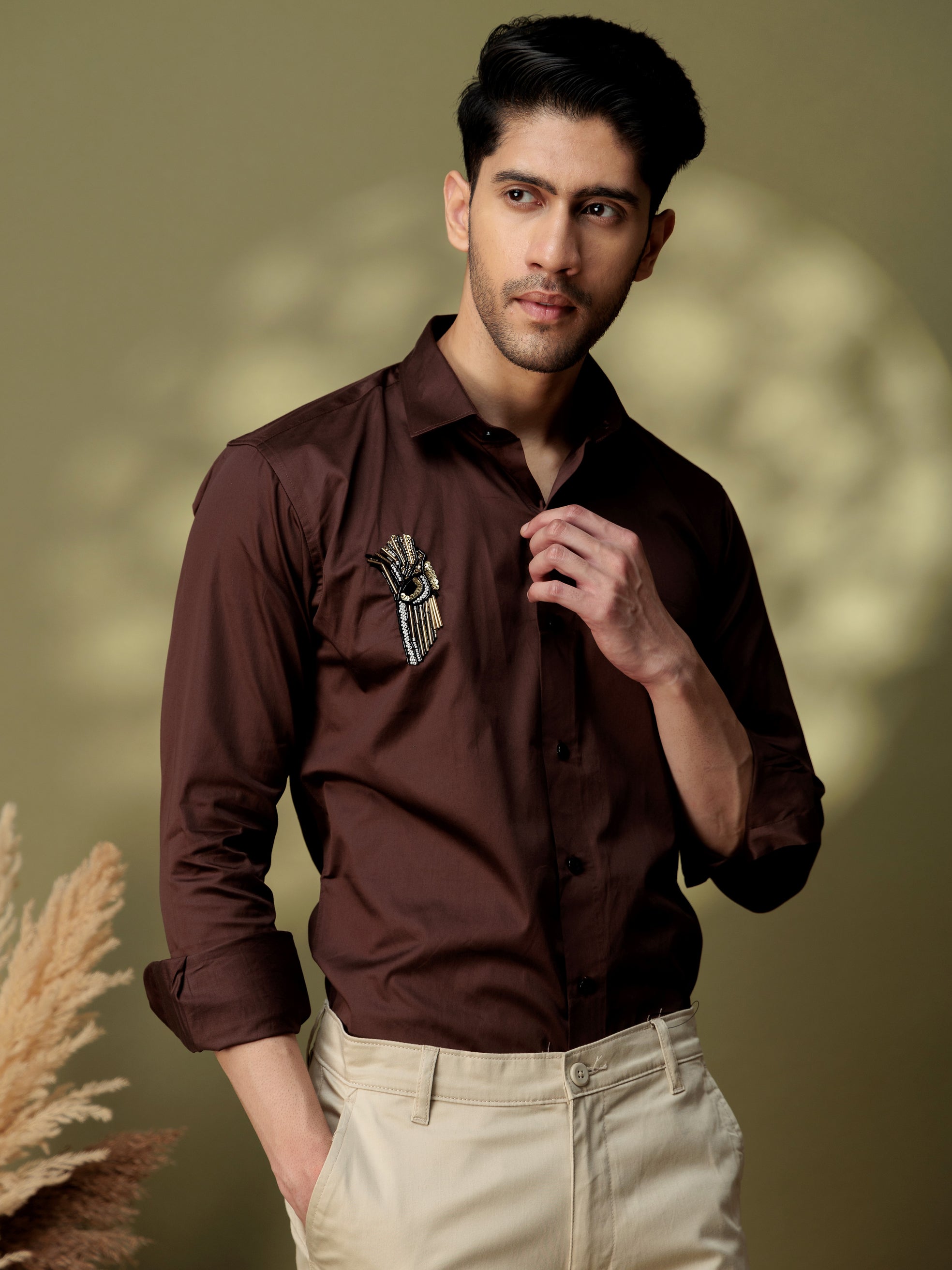 FOOMER HD BROWN RHINESTONE HAND WORK SATIN COTTON SHIRT