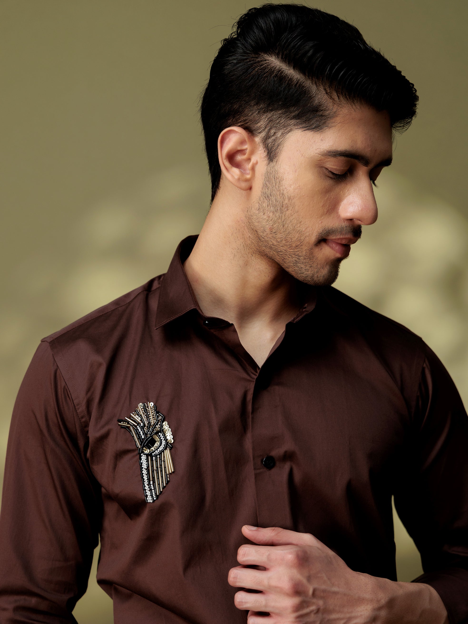 FOOMER HD BROWN RHINESTONE HAND WORK SATIN COTTON SHIRT