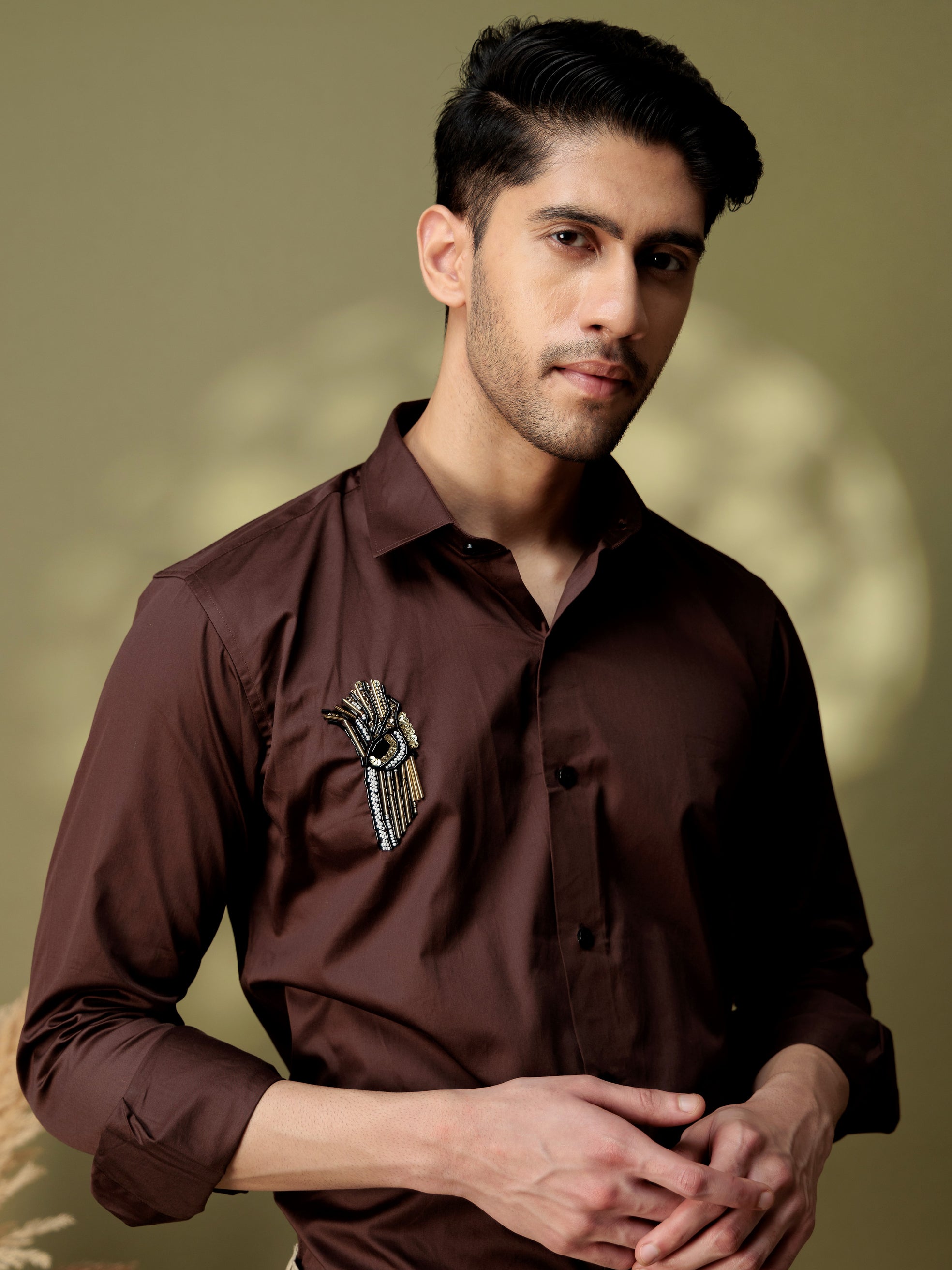 FOOMER HD BROWN RHINESTONE HAND WORK SATIN COTTON SHIRT