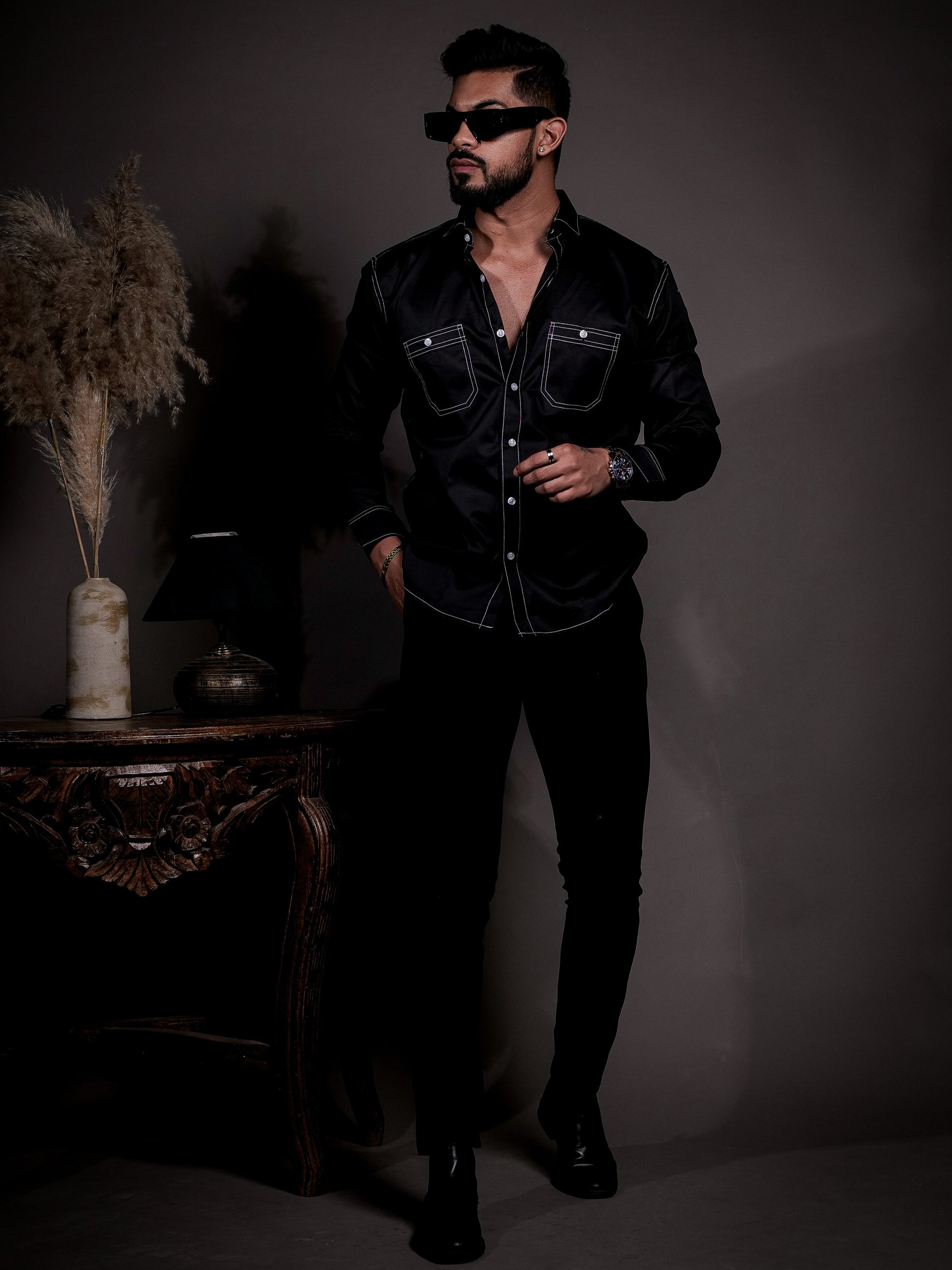 Black Designer Giza Satin Cotton Shirt