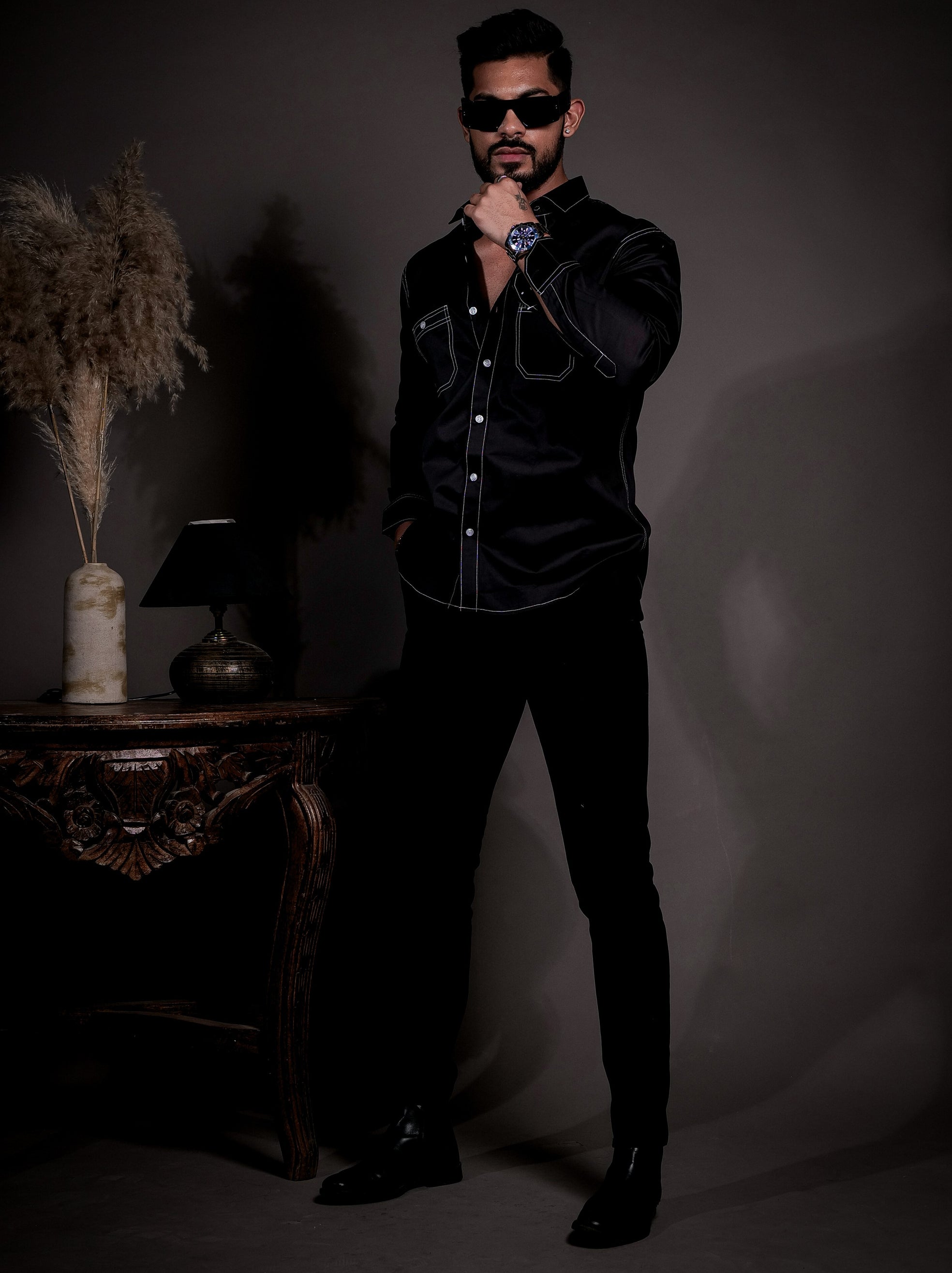 Black Designer Giza Satin Cotton Shirt