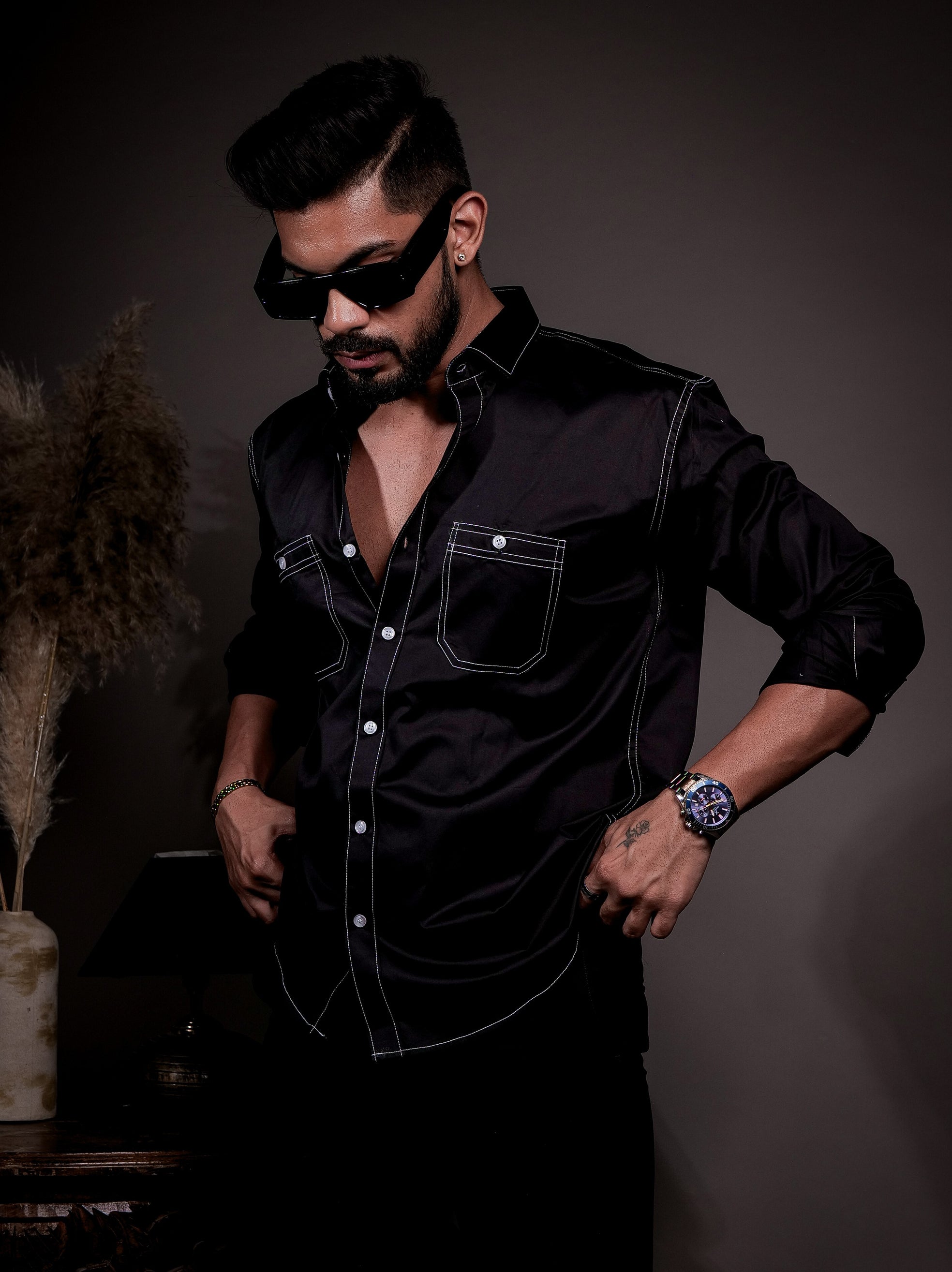 Black Designer Giza Satin Cotton Shirt