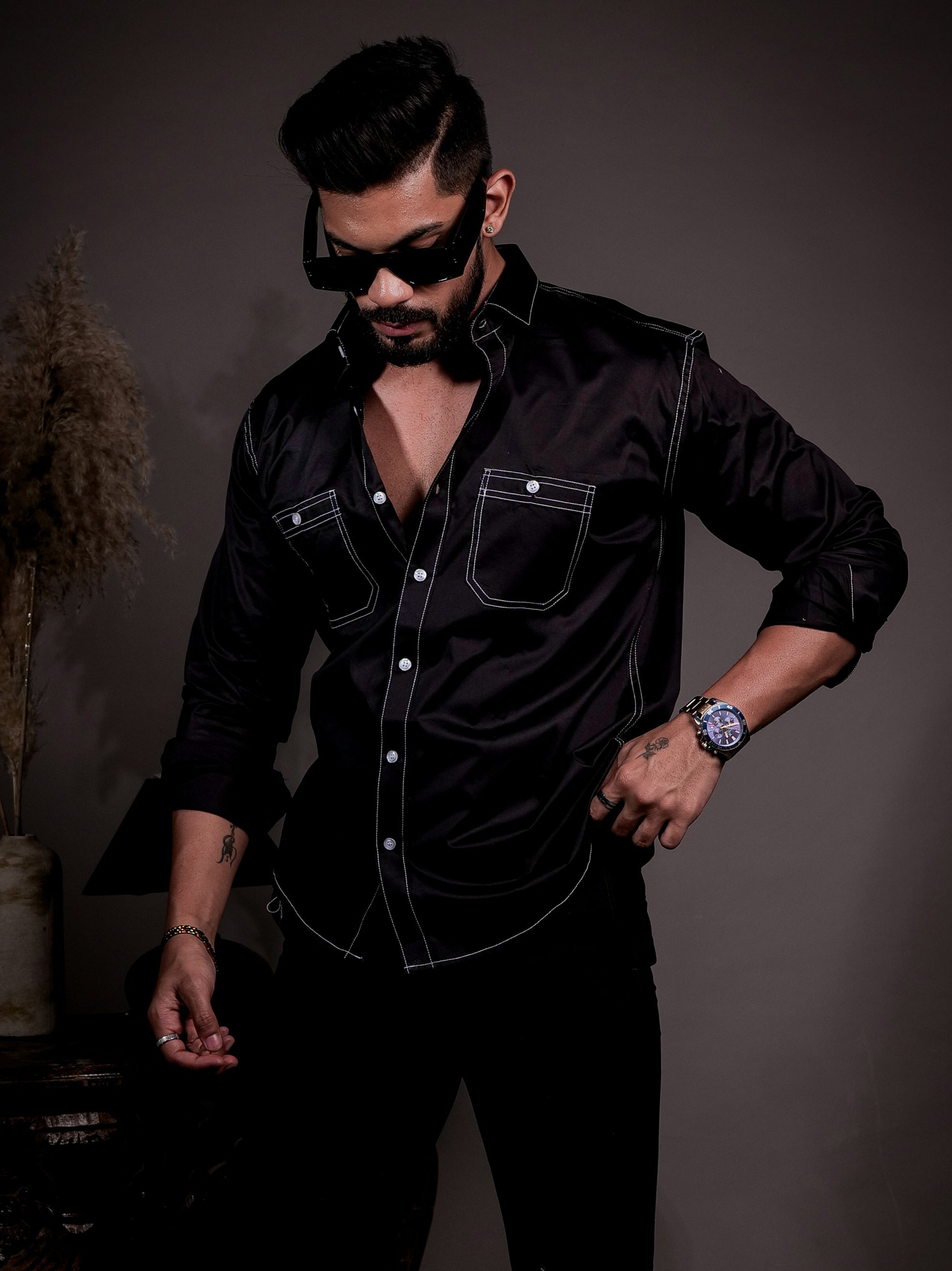 Black Designer Giza Satin Cotton Shirt