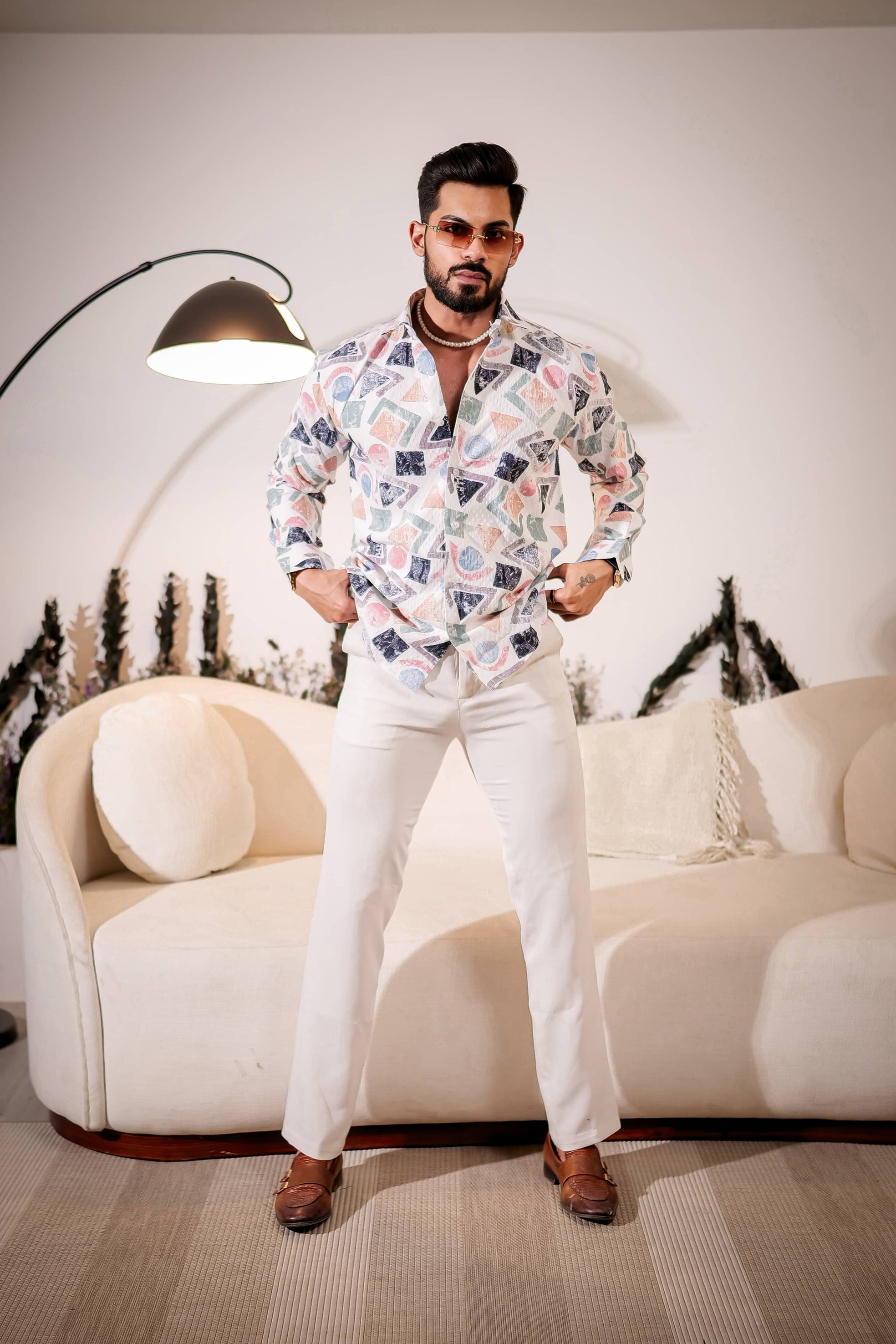 White Multicolor Imported Premium Shirt for Men's