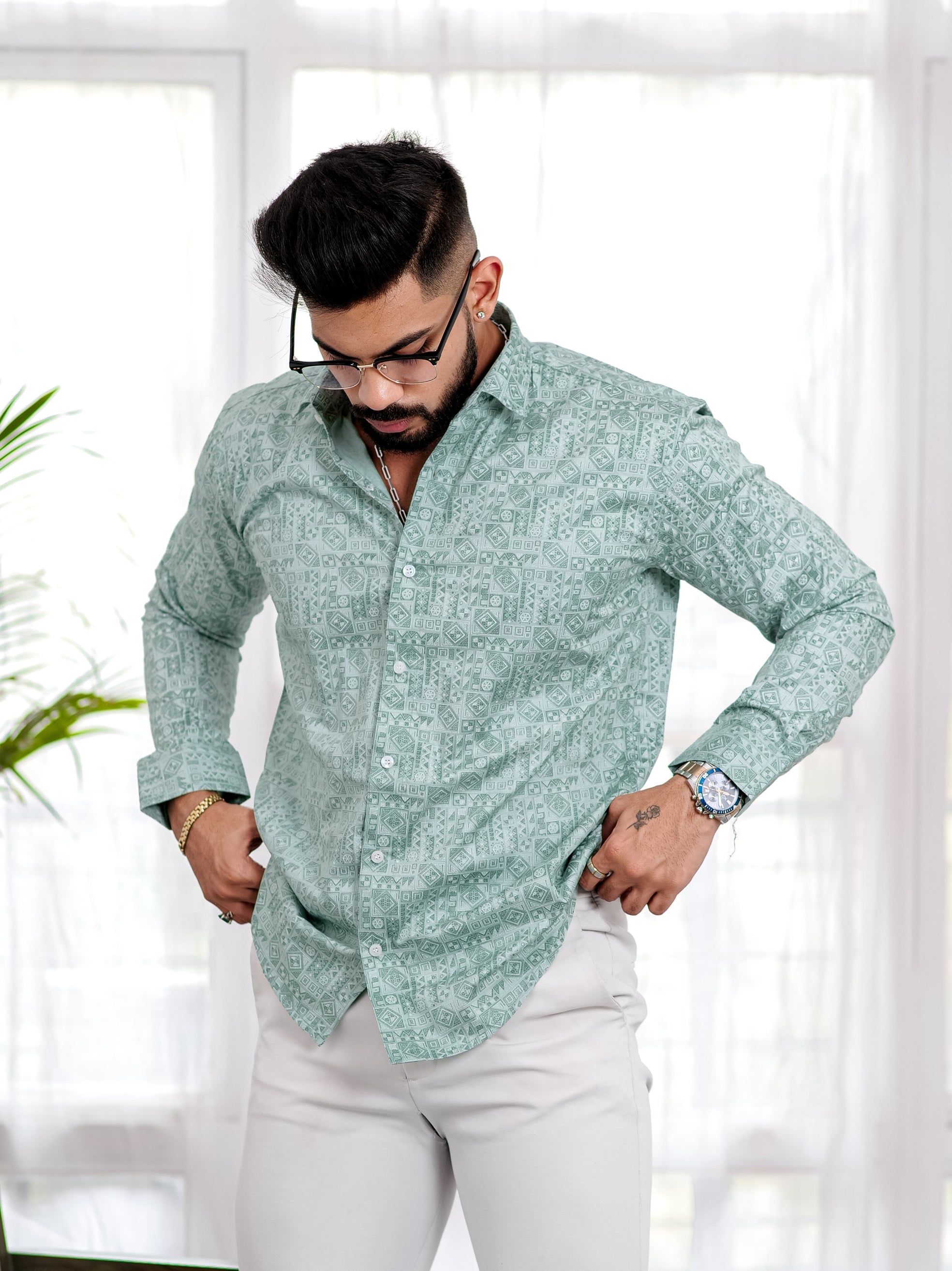 Green Satin Print Premium Shirt