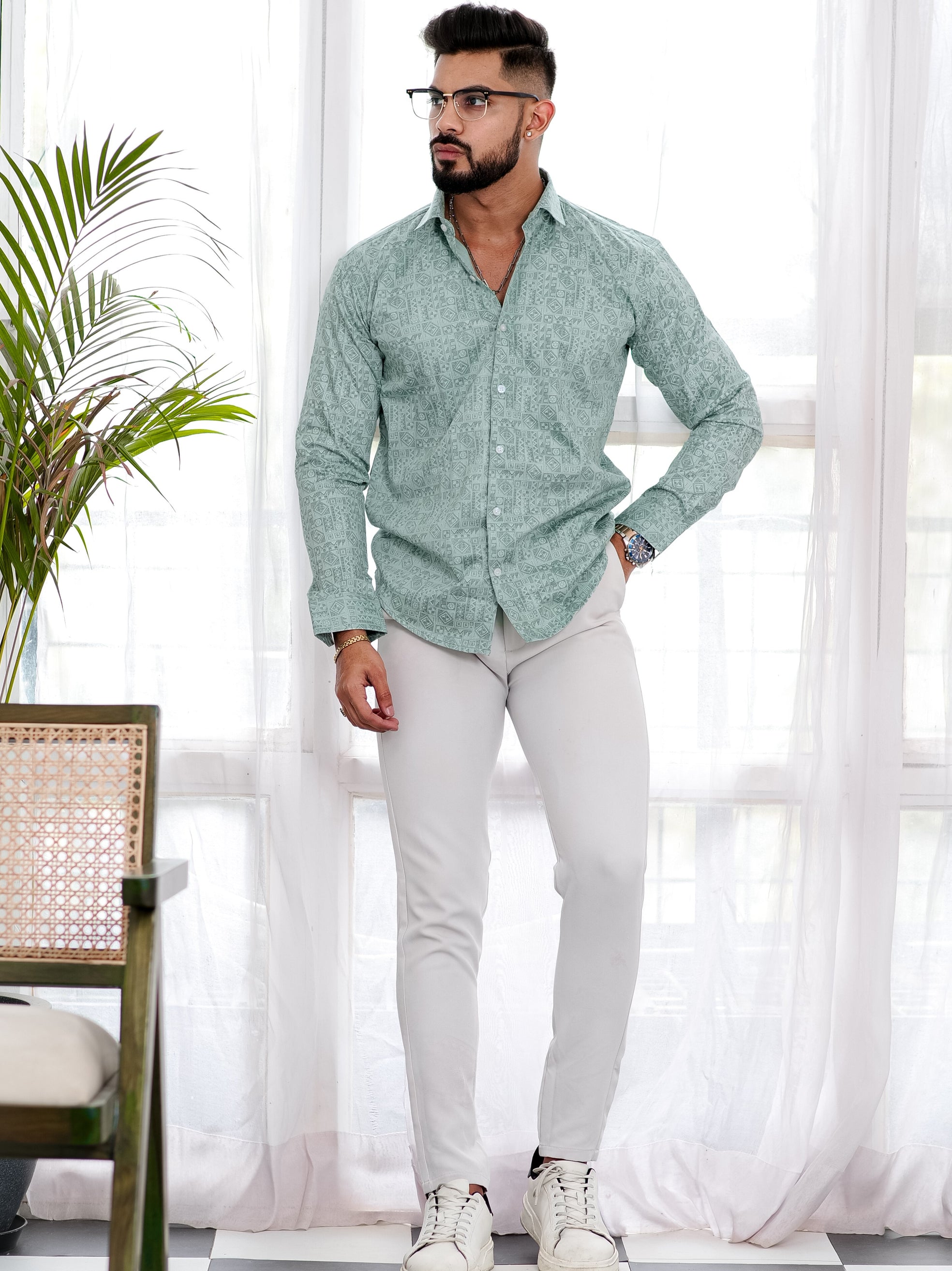 Green Satin Print Premium Shirt