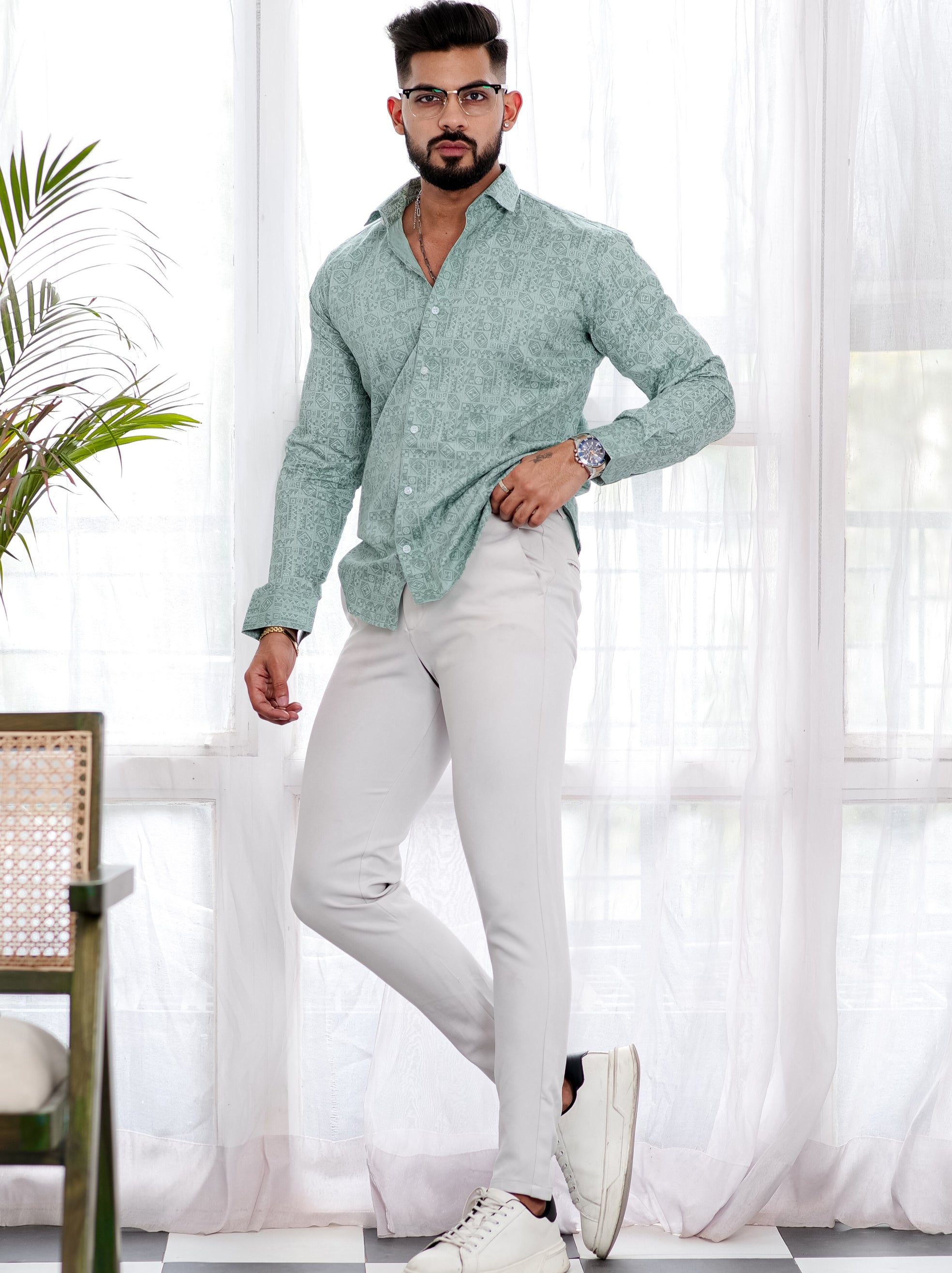 Green Satin Print Premium Shirt